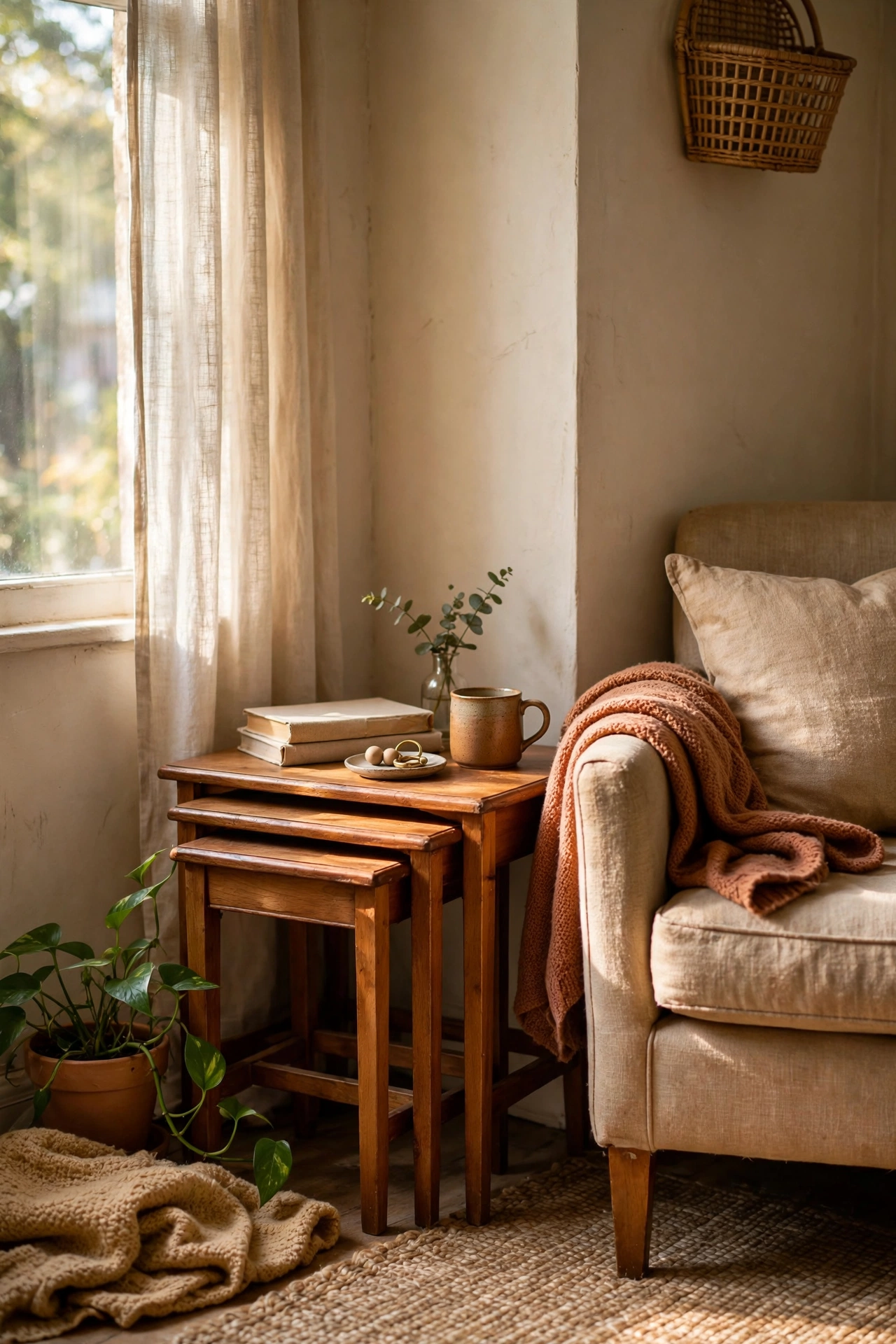 Nesting side tables tucked into a tight corner