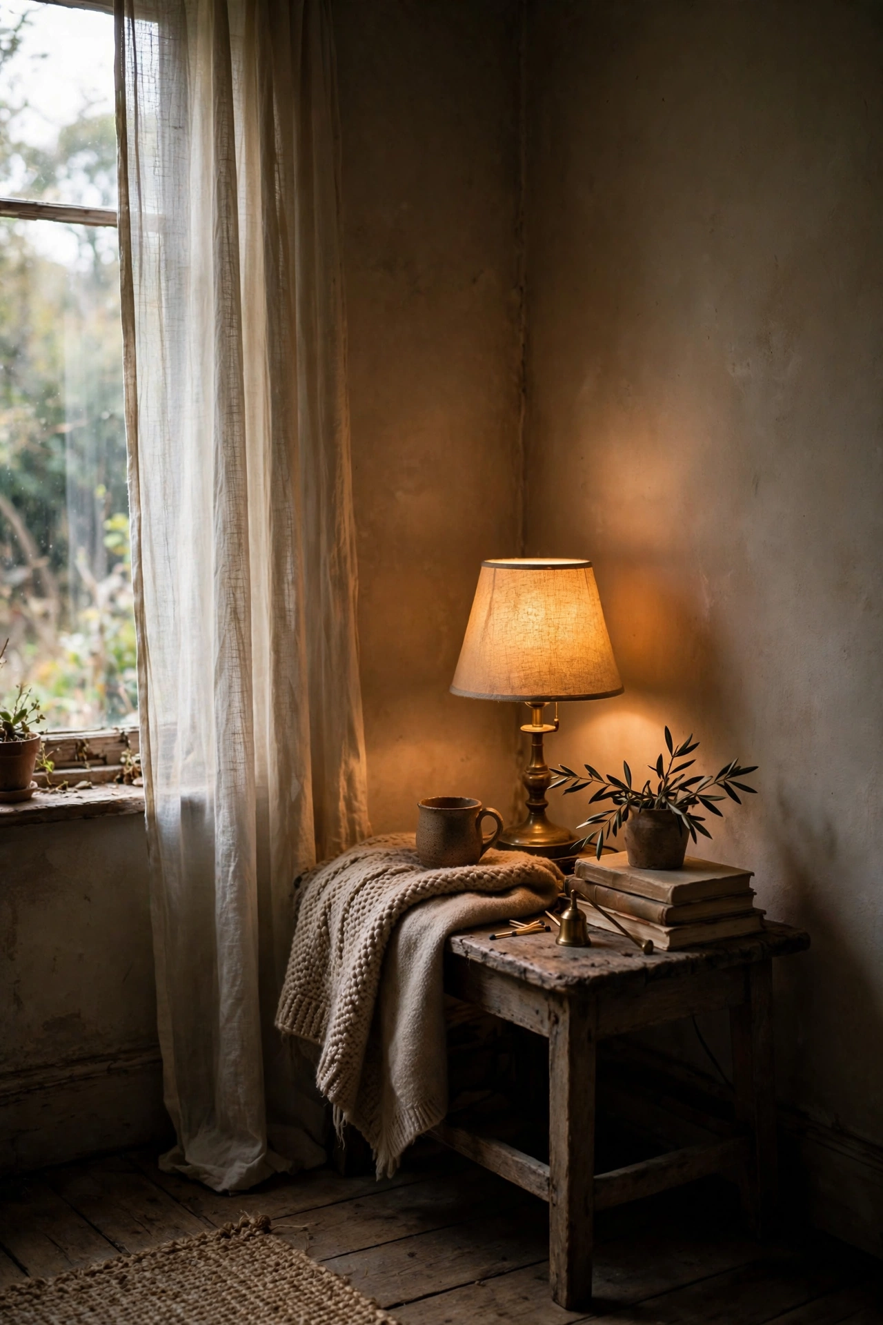 Small lamp glowing in the darkest corner of a living room