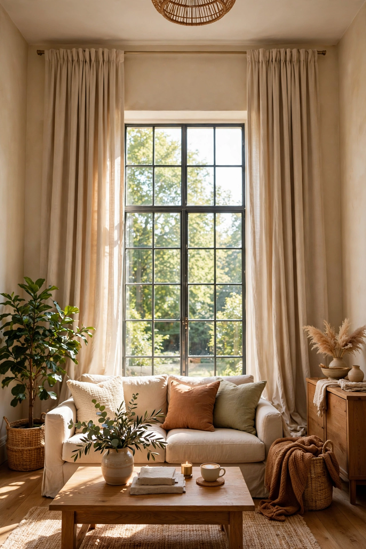 Living room curtains hung high and wide making windows look larger on a budget