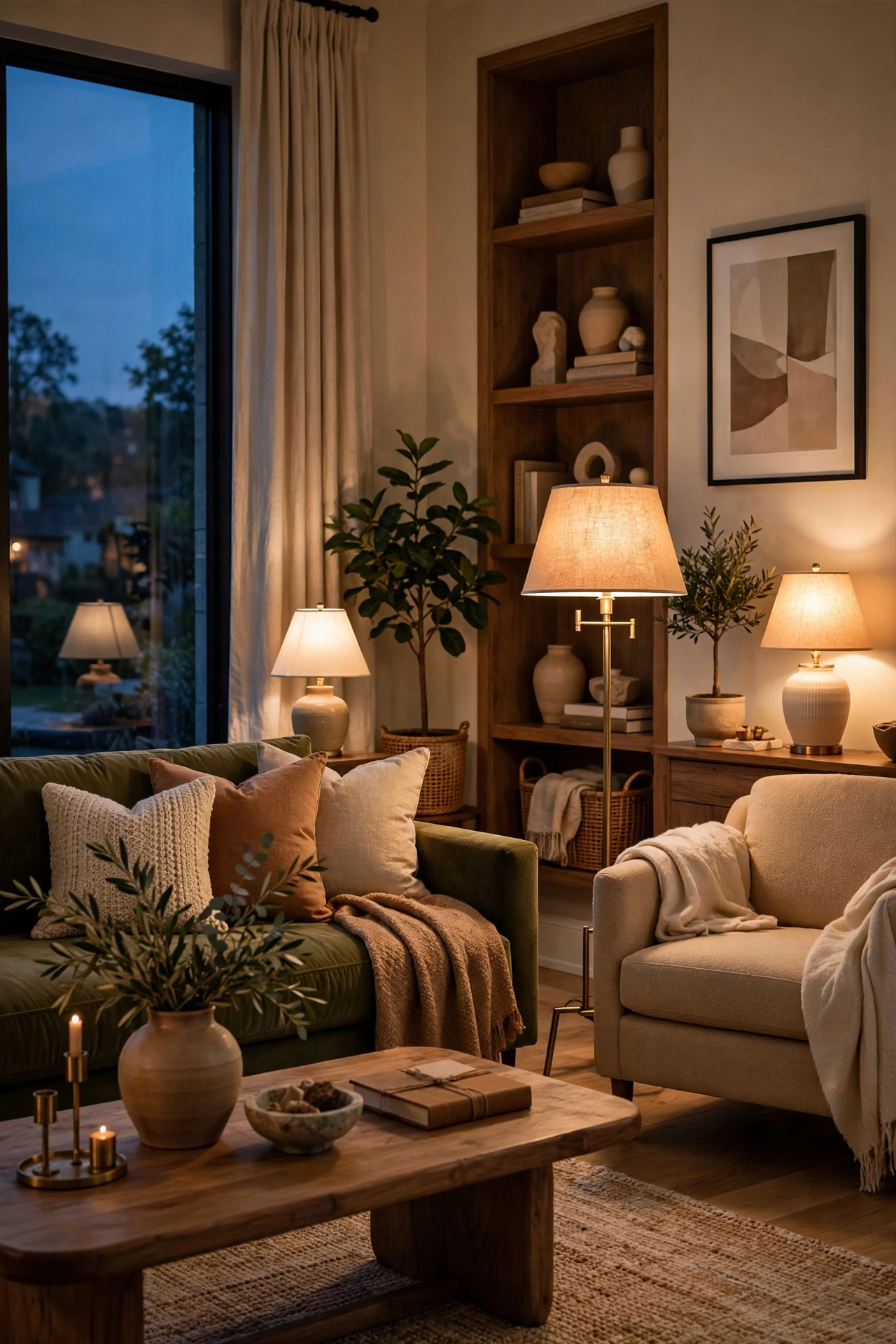 Cozy living room glowing with warm-white 2700K bulbs in every lamp