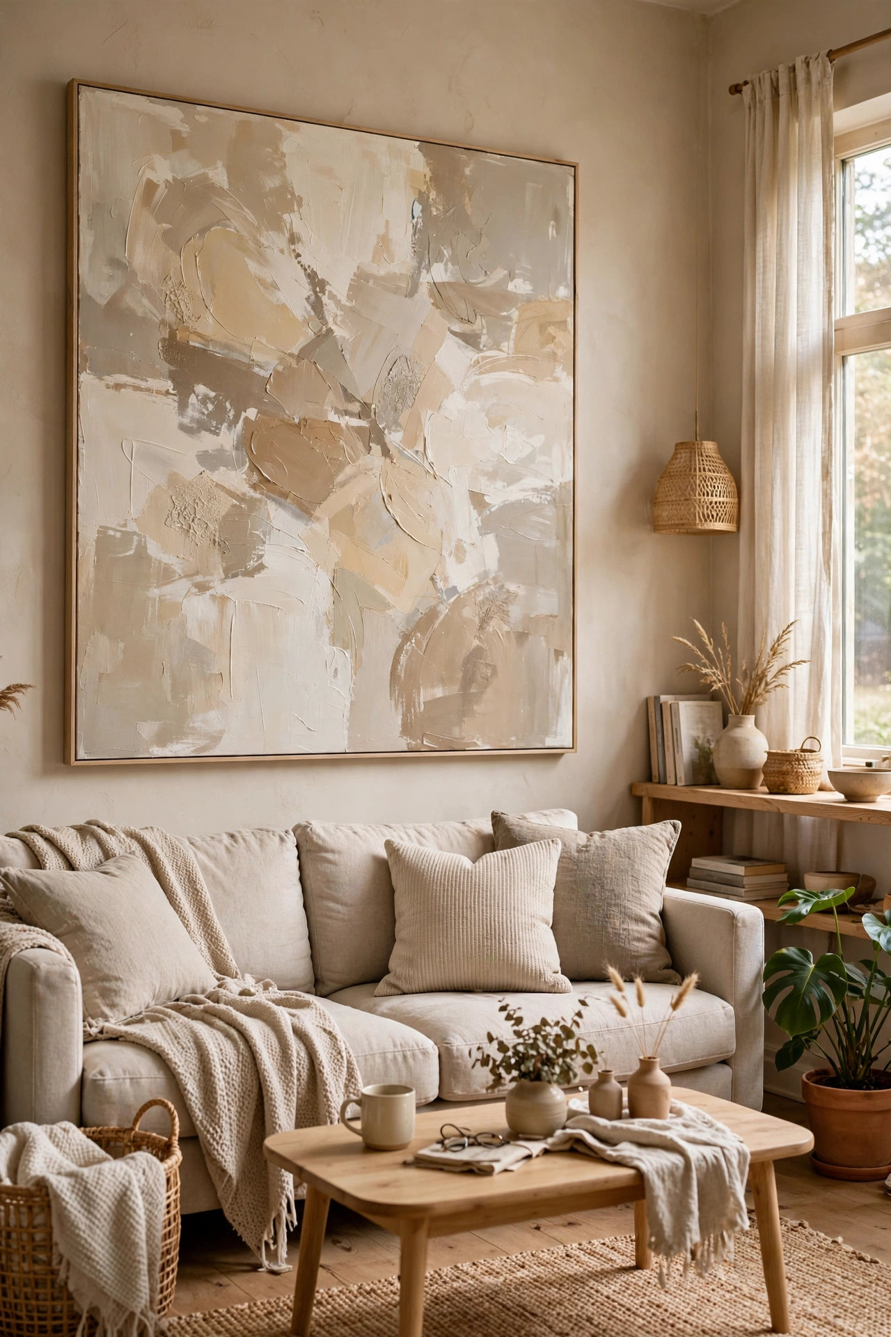 Large DIY abstract canvas art above a sofa looking expensive on a budget