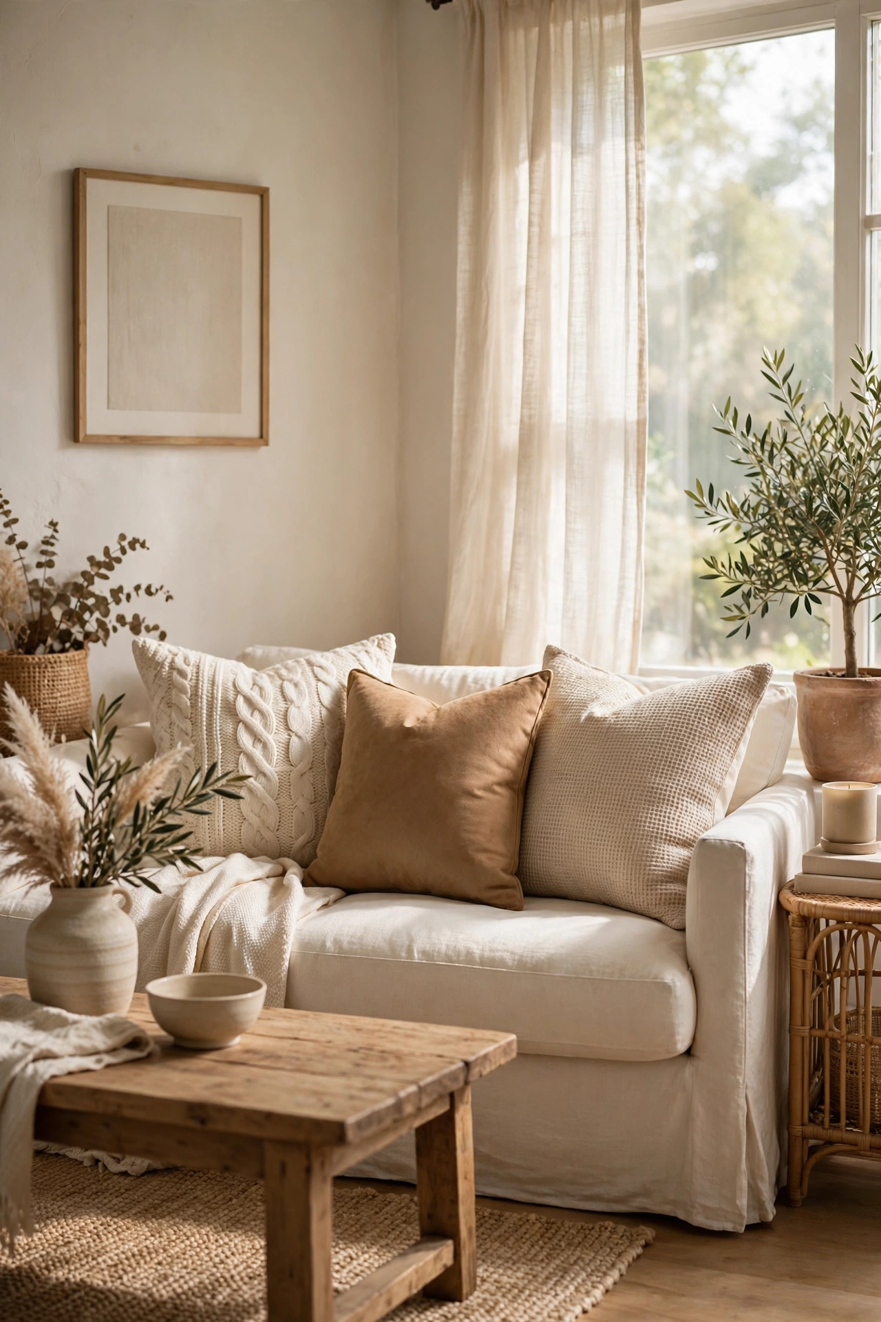 Sofa refreshed with new pillow covers in a cohesive cream and camel palette