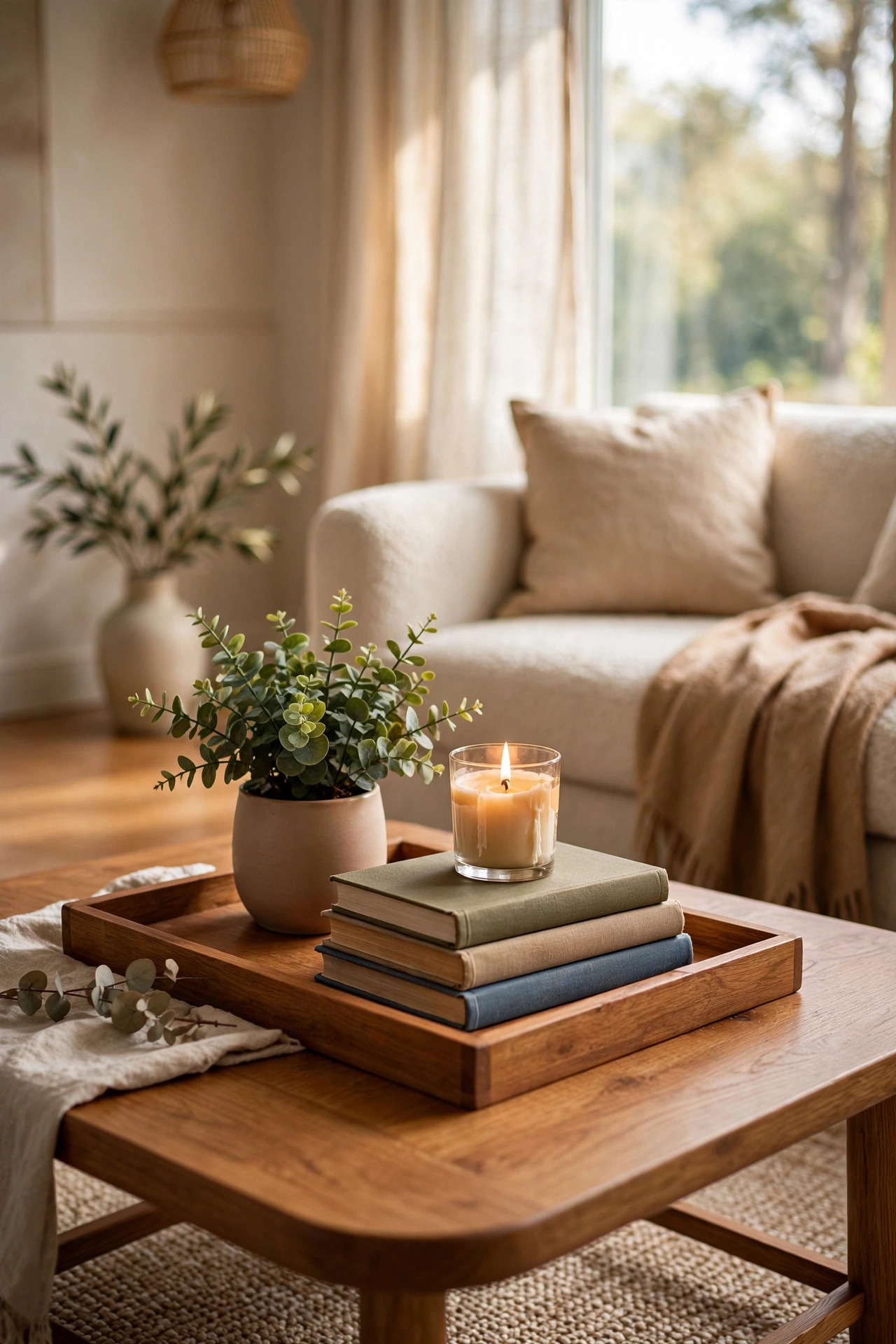Wooden tray styled with plant candle and books on an elegant coffee table