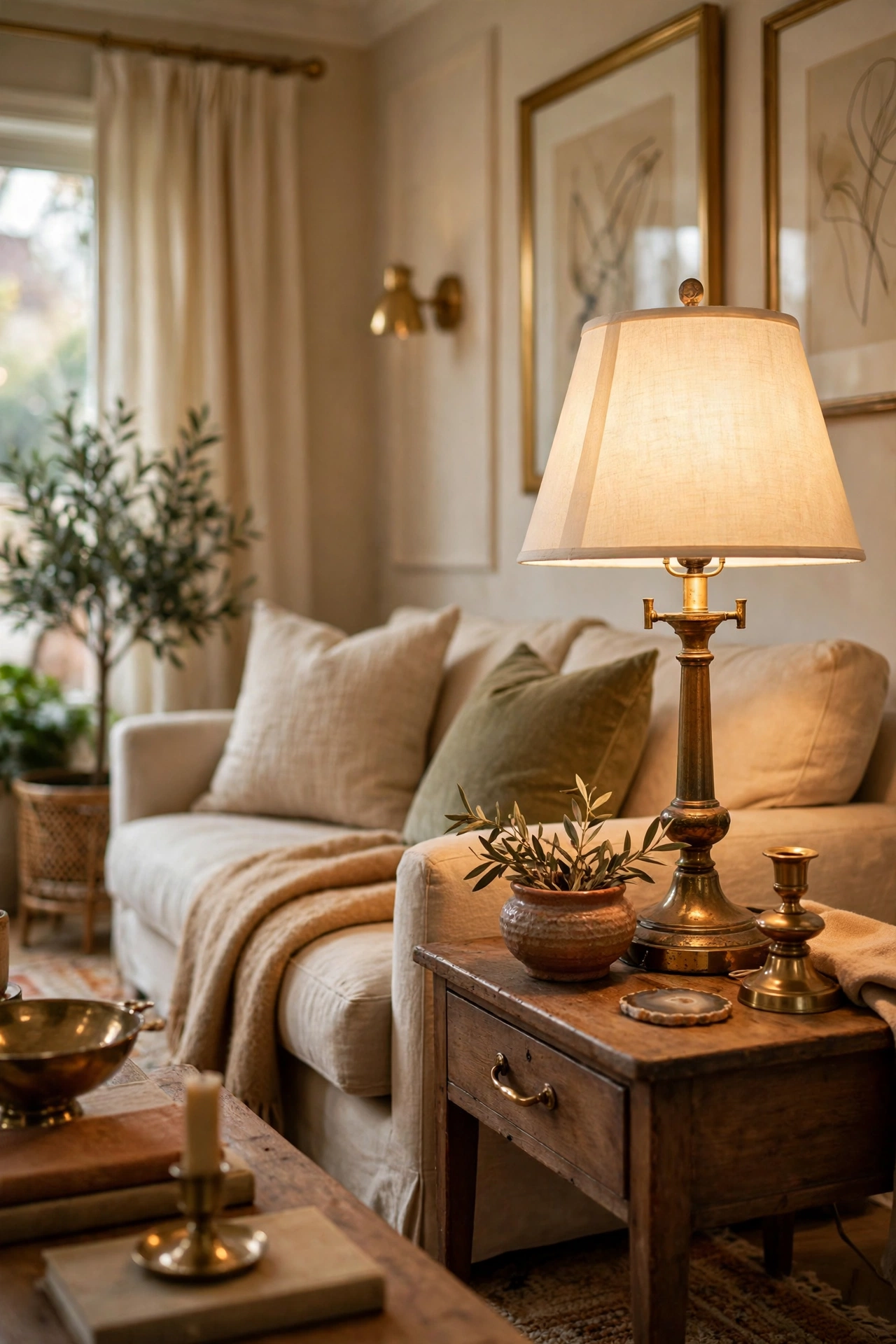 Thrifted brass lamp polished and styled in an elegant budget living room