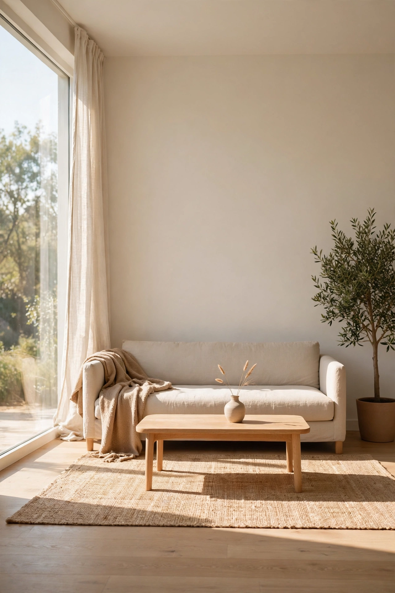 Serene decluttered living room with breathing room and intentional styling