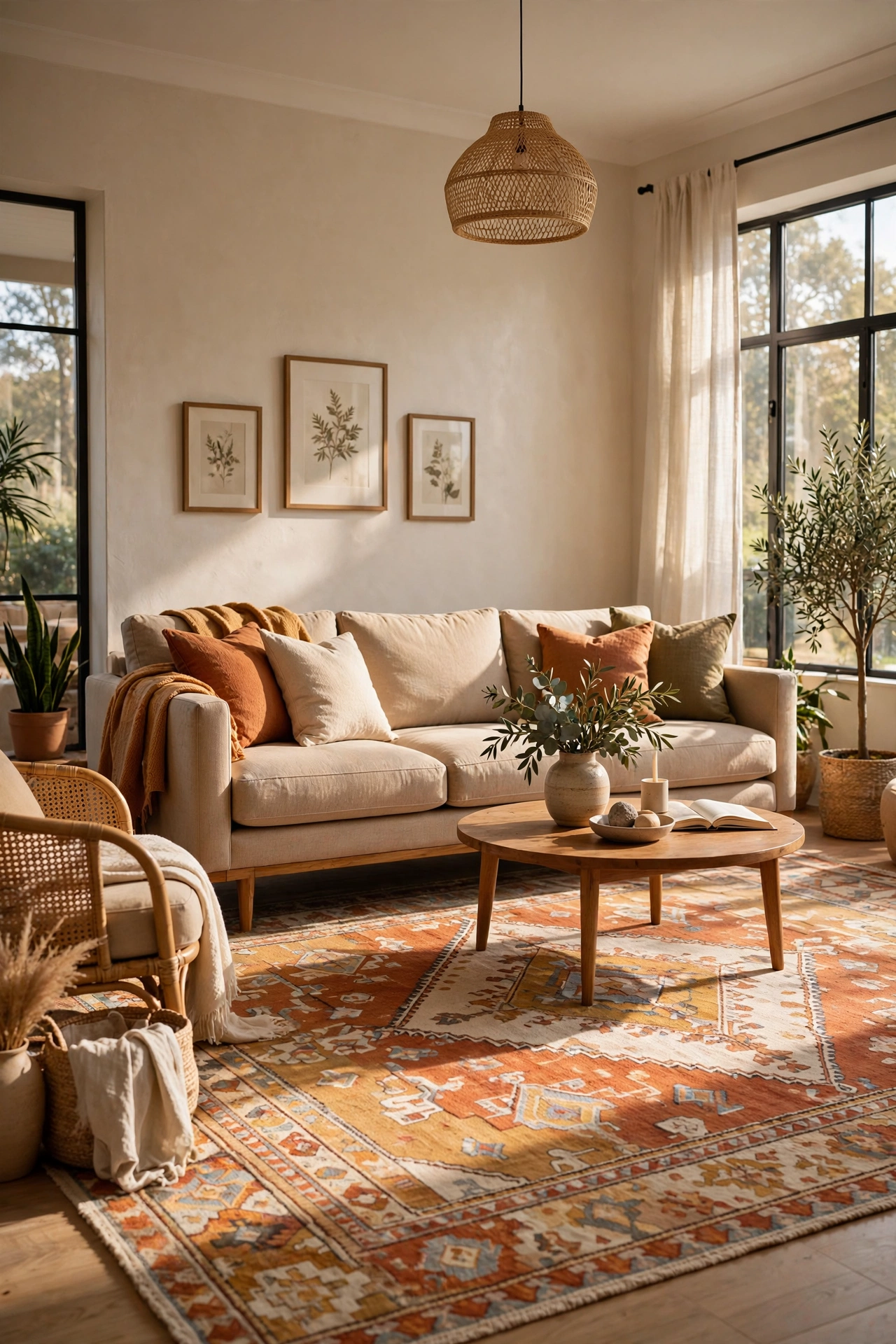 Properly sized large area rug with sofa front legs on it in a designed living room