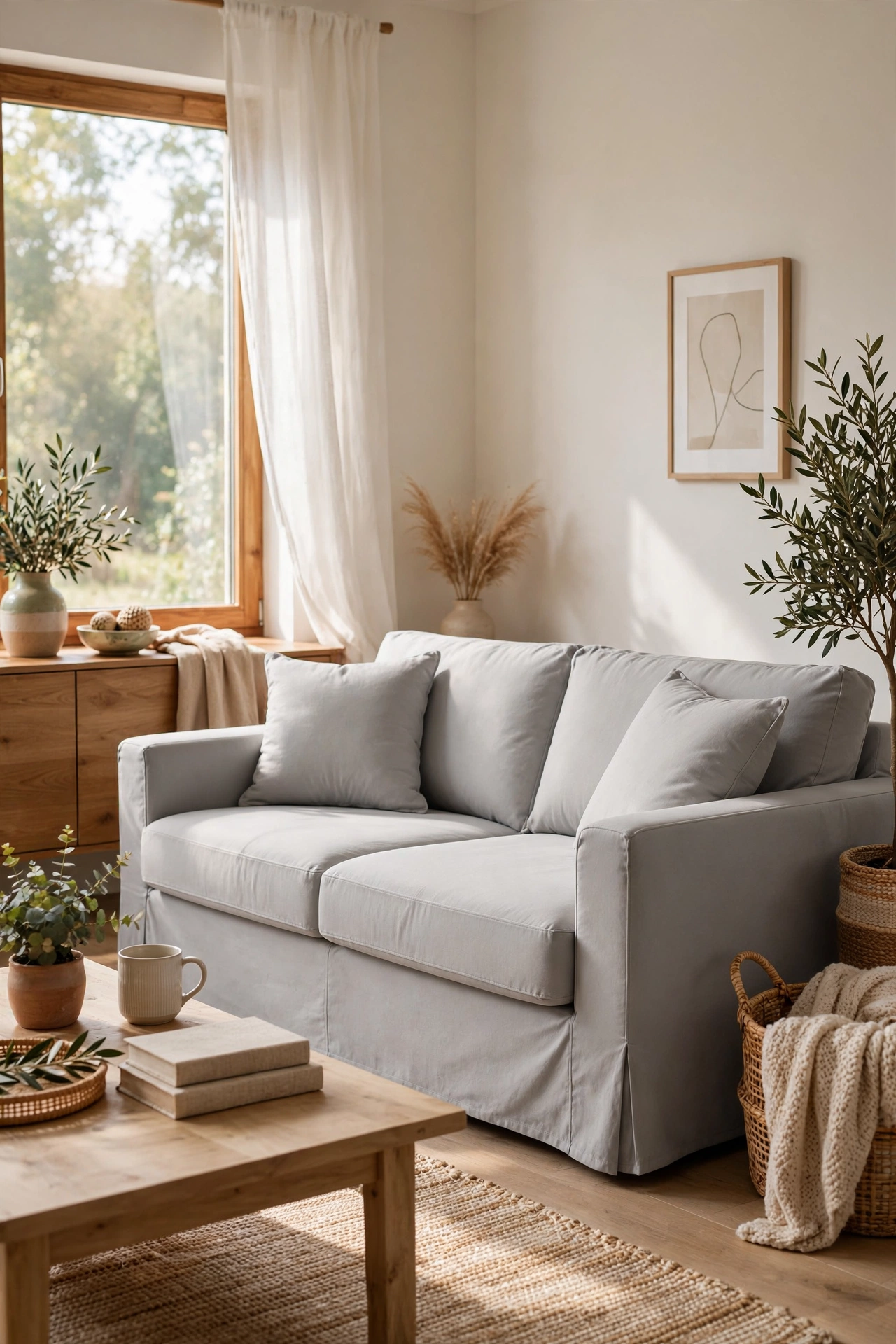 Dated sofa transformed with a well-fitted light gray slipcover