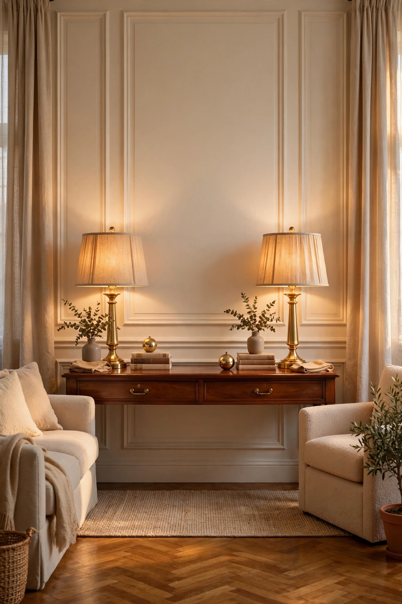 Pair of matching drum lampshades creating symmetry on a living room console