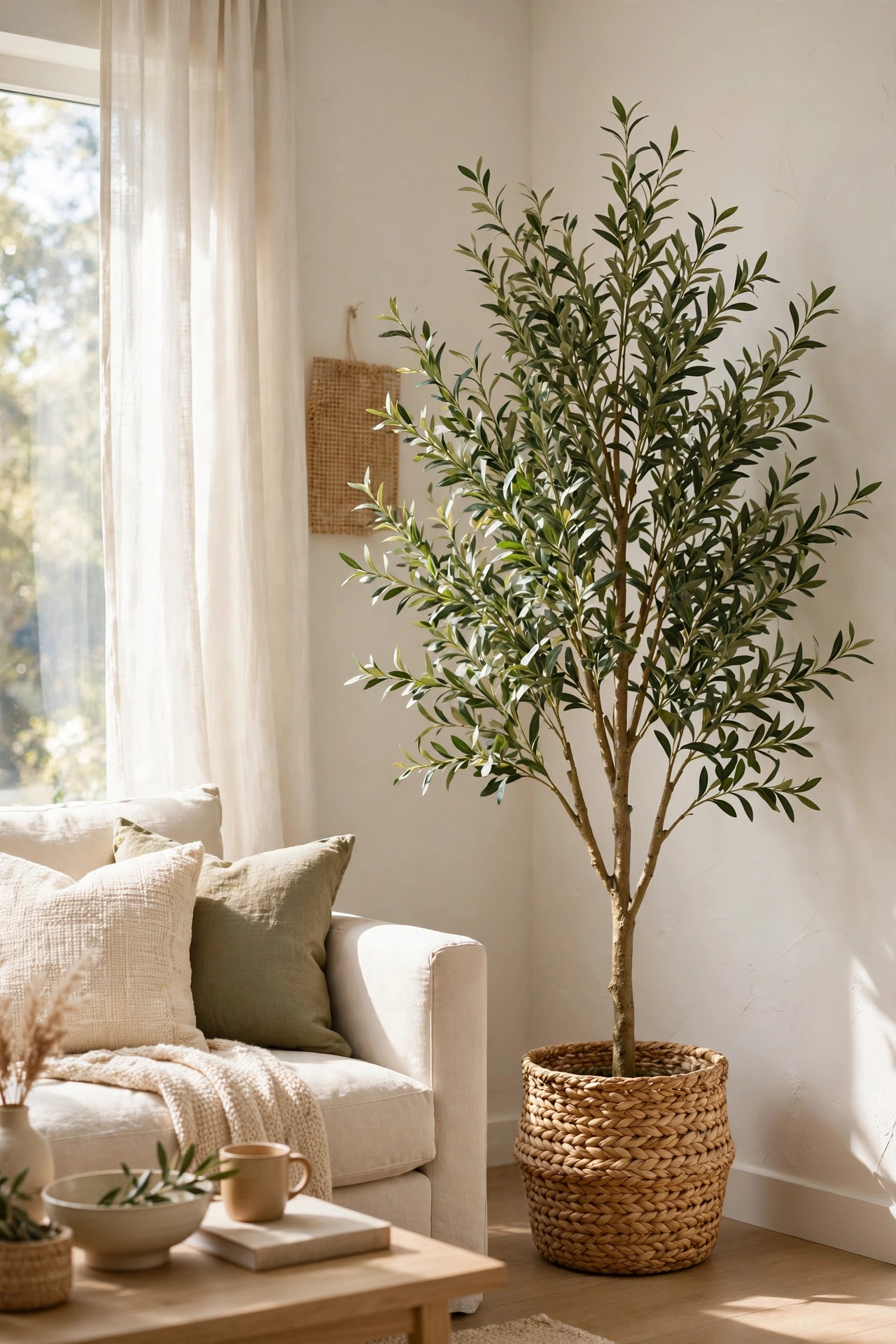 Tall olive tree in a woven basket planter filling an empty living room corner