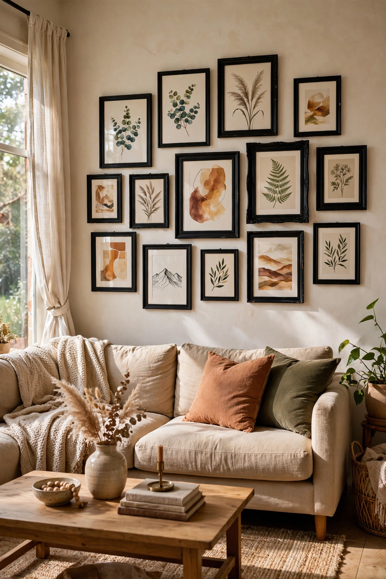 Full gallery wall of thrifted black frames with printable art in a living room