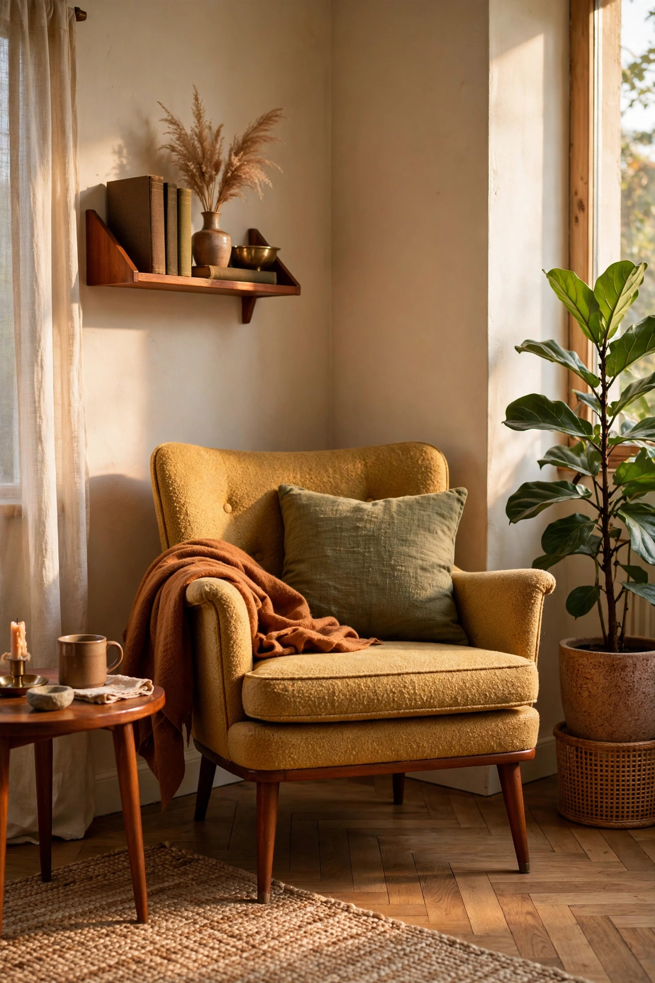 Characterful vintage armchair found on Facebook Marketplace in a stylish living room