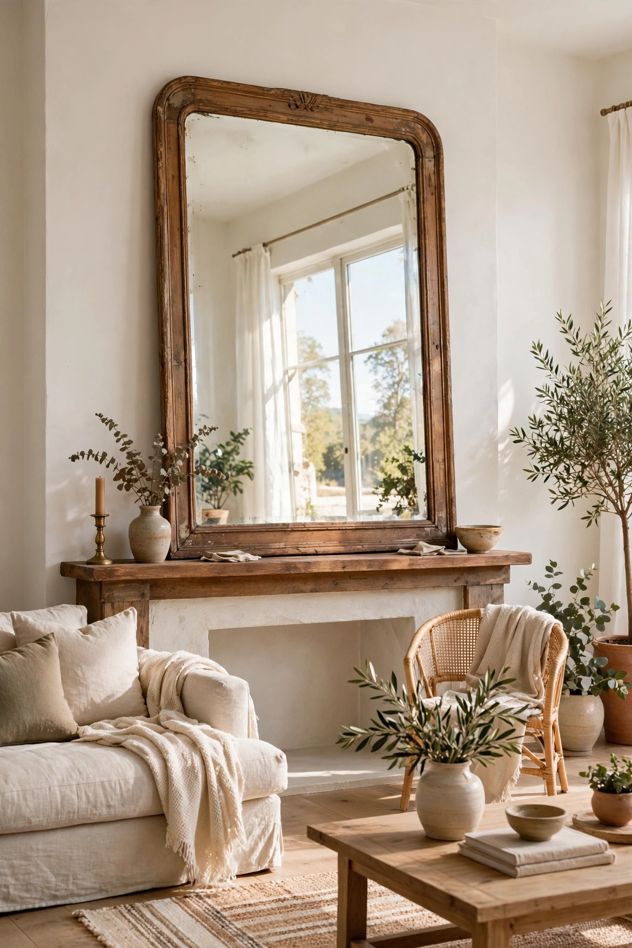 Large thrifted wood-framed mirror leaning on a mantel doubling the light