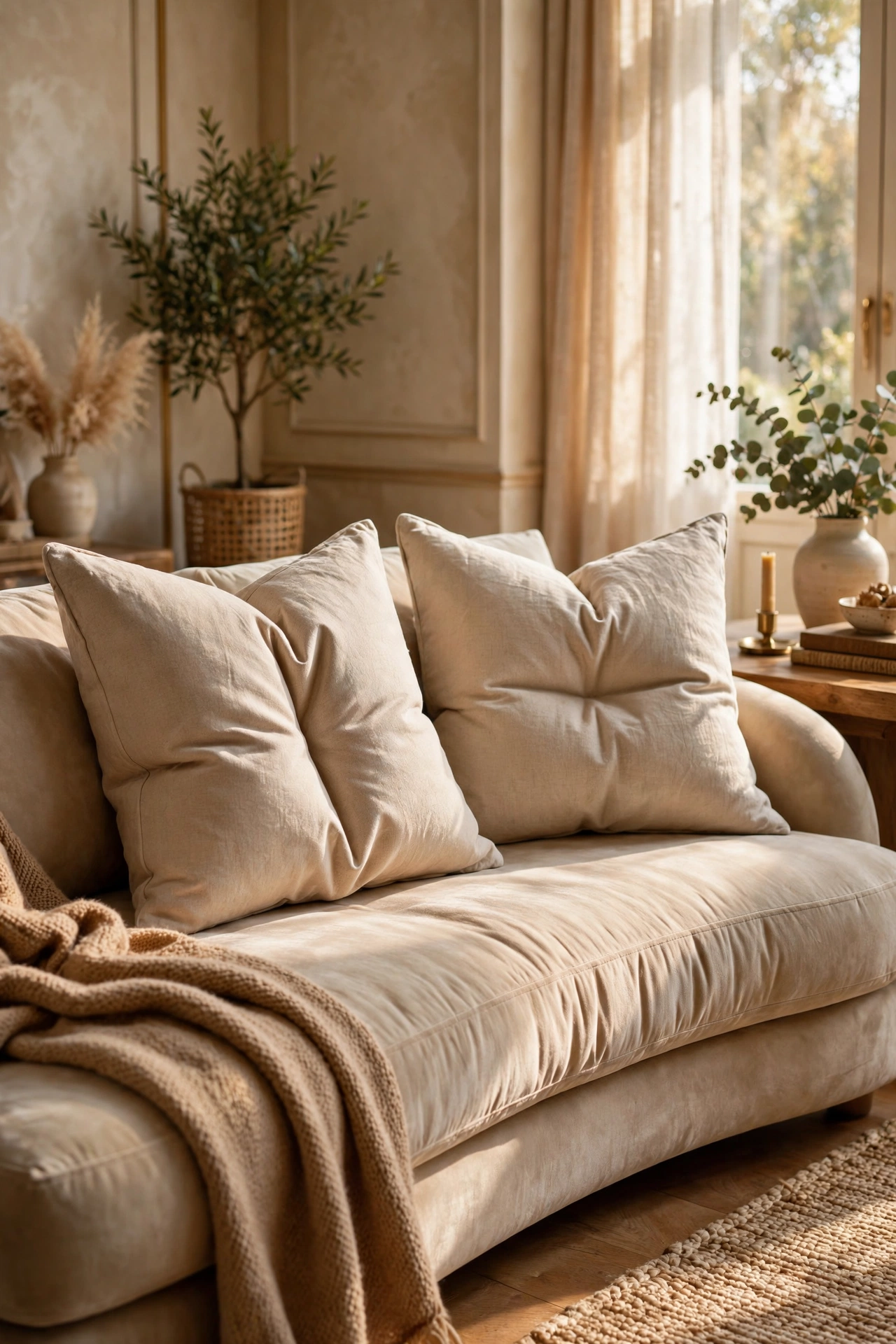Plush karate-chopped throw pillows with feather inserts on a luxurious sofa