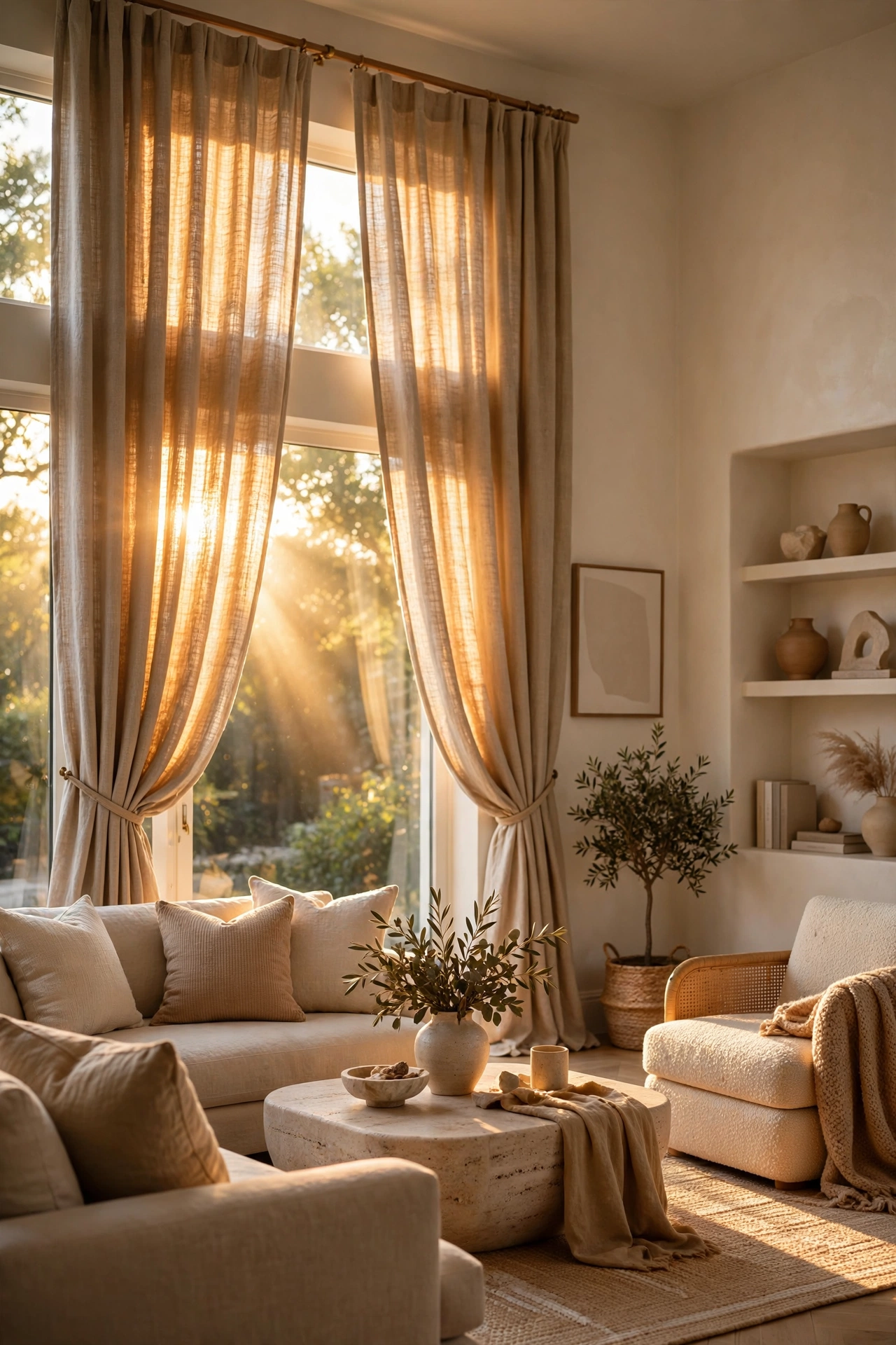Real linen curtains filtering golden light in an elegant living room