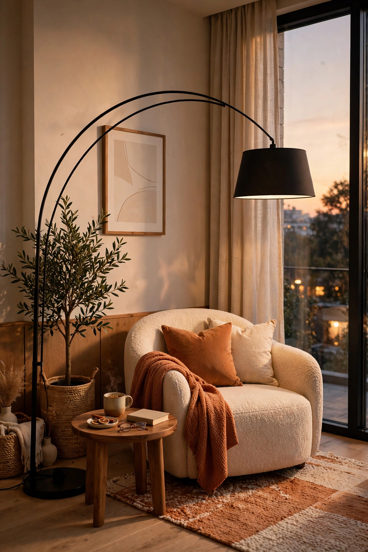 Dramatic arc floor lamp as a sculptural statement in a stylish living room corner