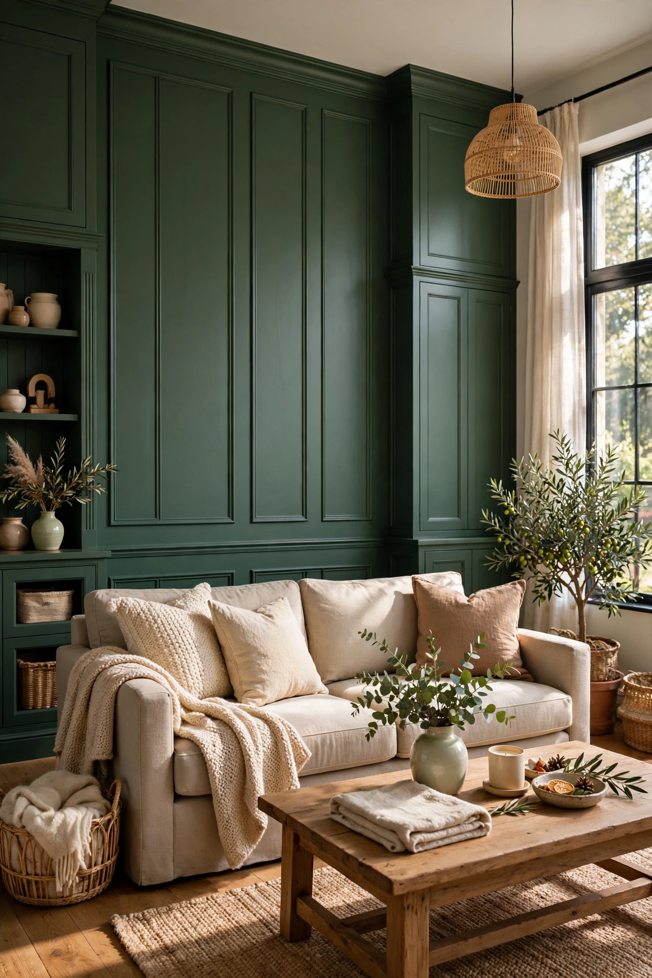Deep green board-and-batten accent wall looking like custom millwork