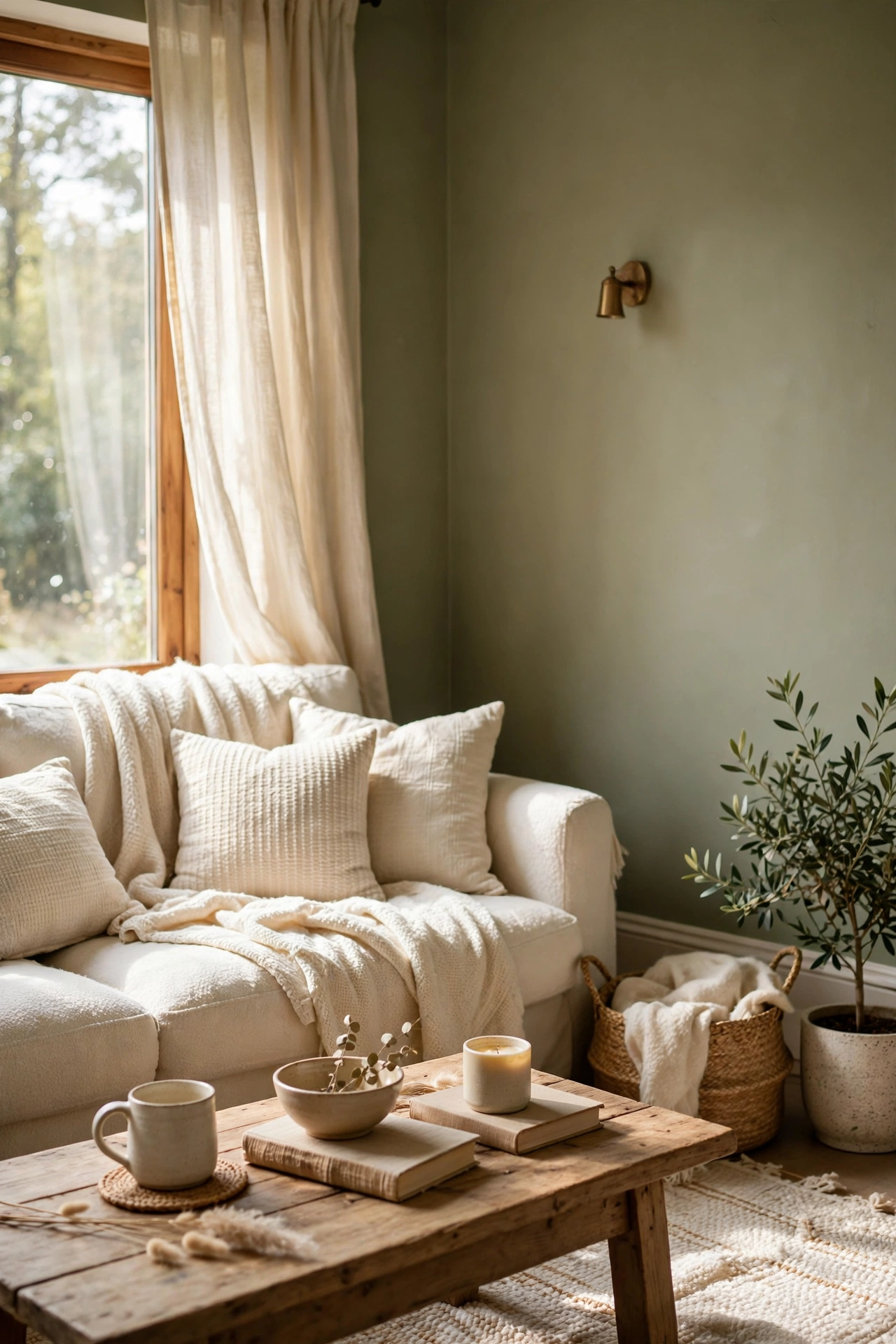 Living room wall painted in soft muted olive green