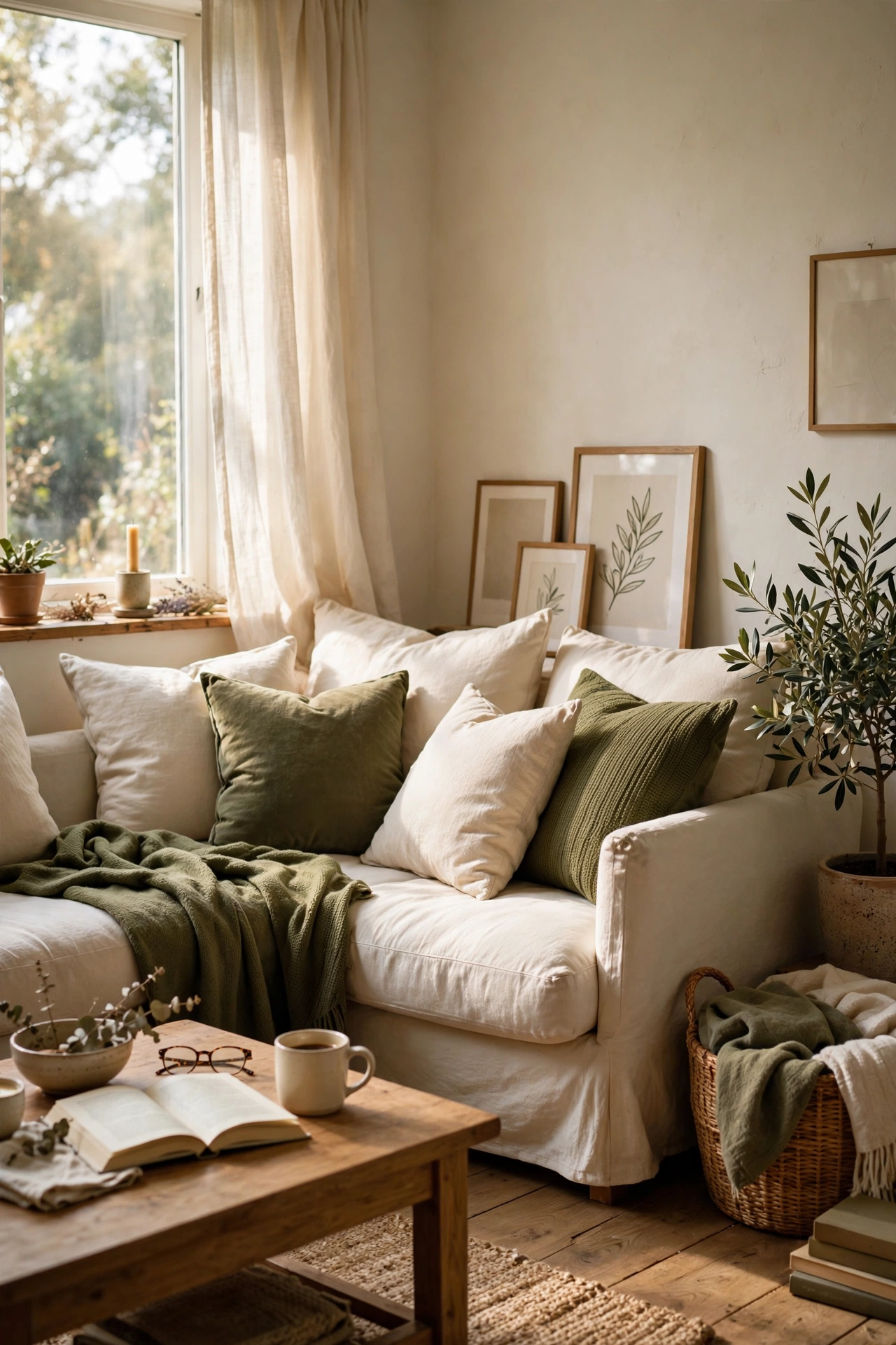 Sofa layered with cream and olive textiles