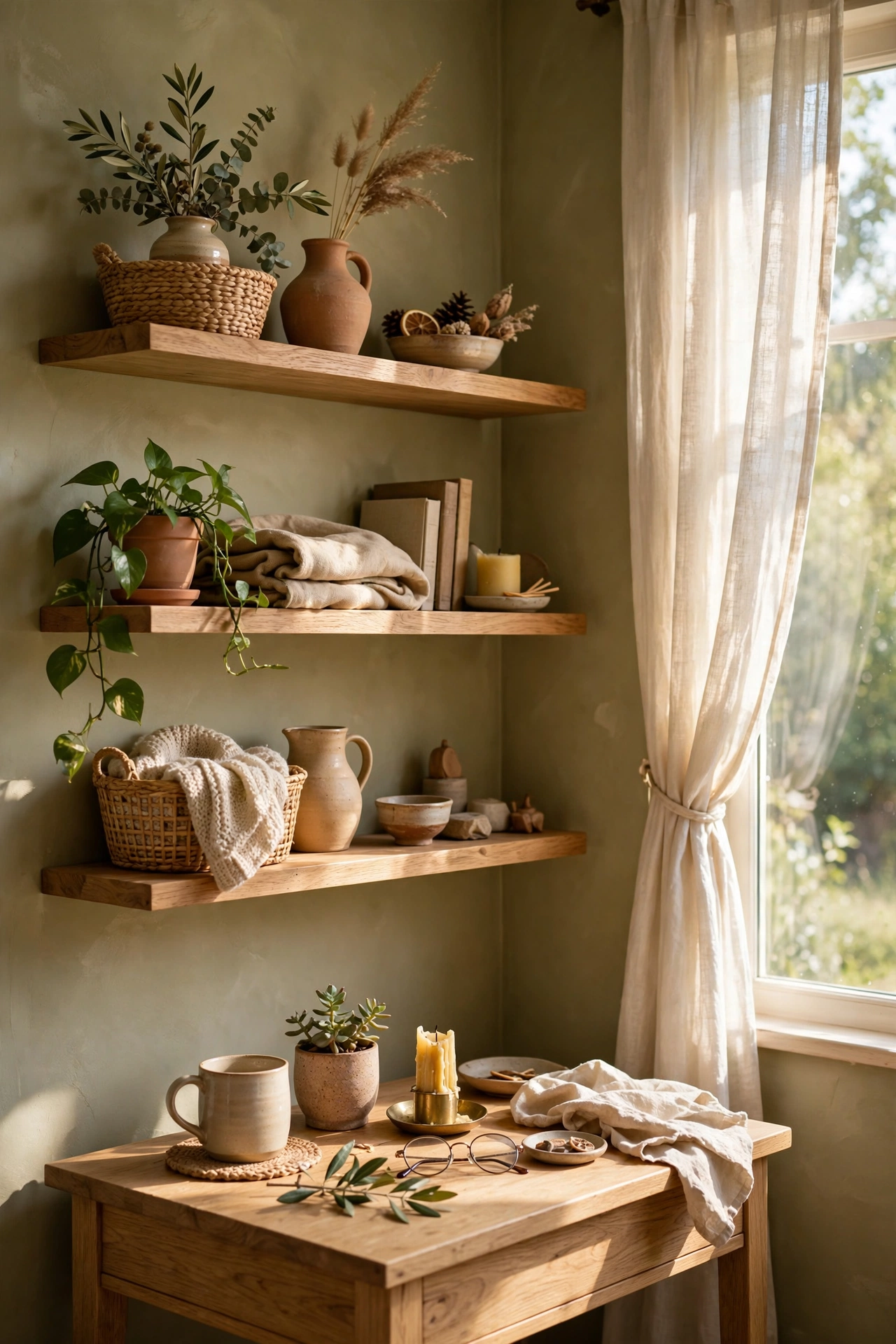 Light oak furniture against soft olive walls
