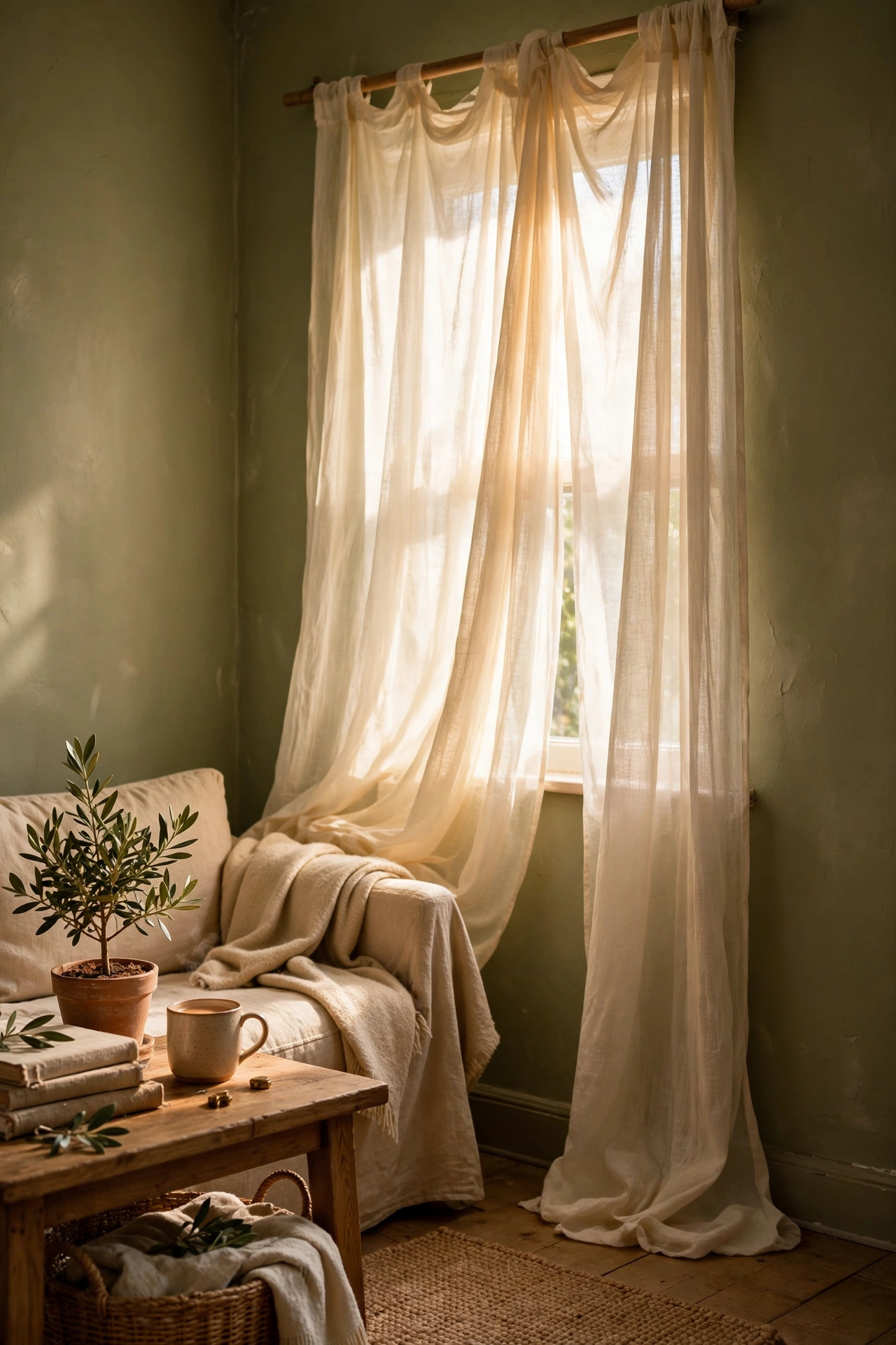 Sheer cream curtains softening olive walls