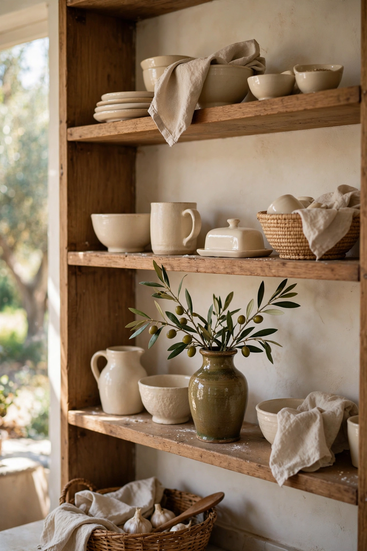 Open shelves with cream ceramics and one olive vase