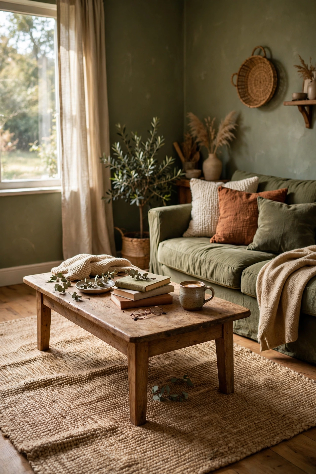 Natural jute rug grounding an olive living room
