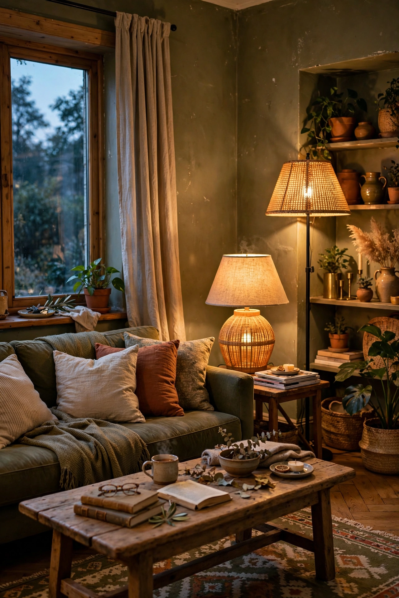 Olive living room with layered warm indirect lighting