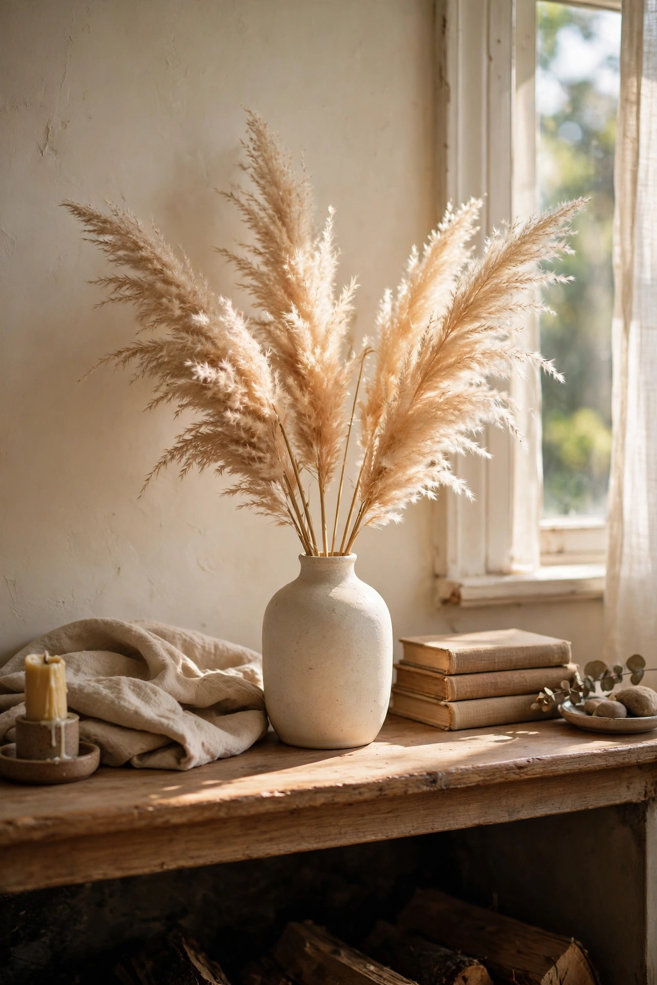 Dried grasses in a simple cream vase on a mantel