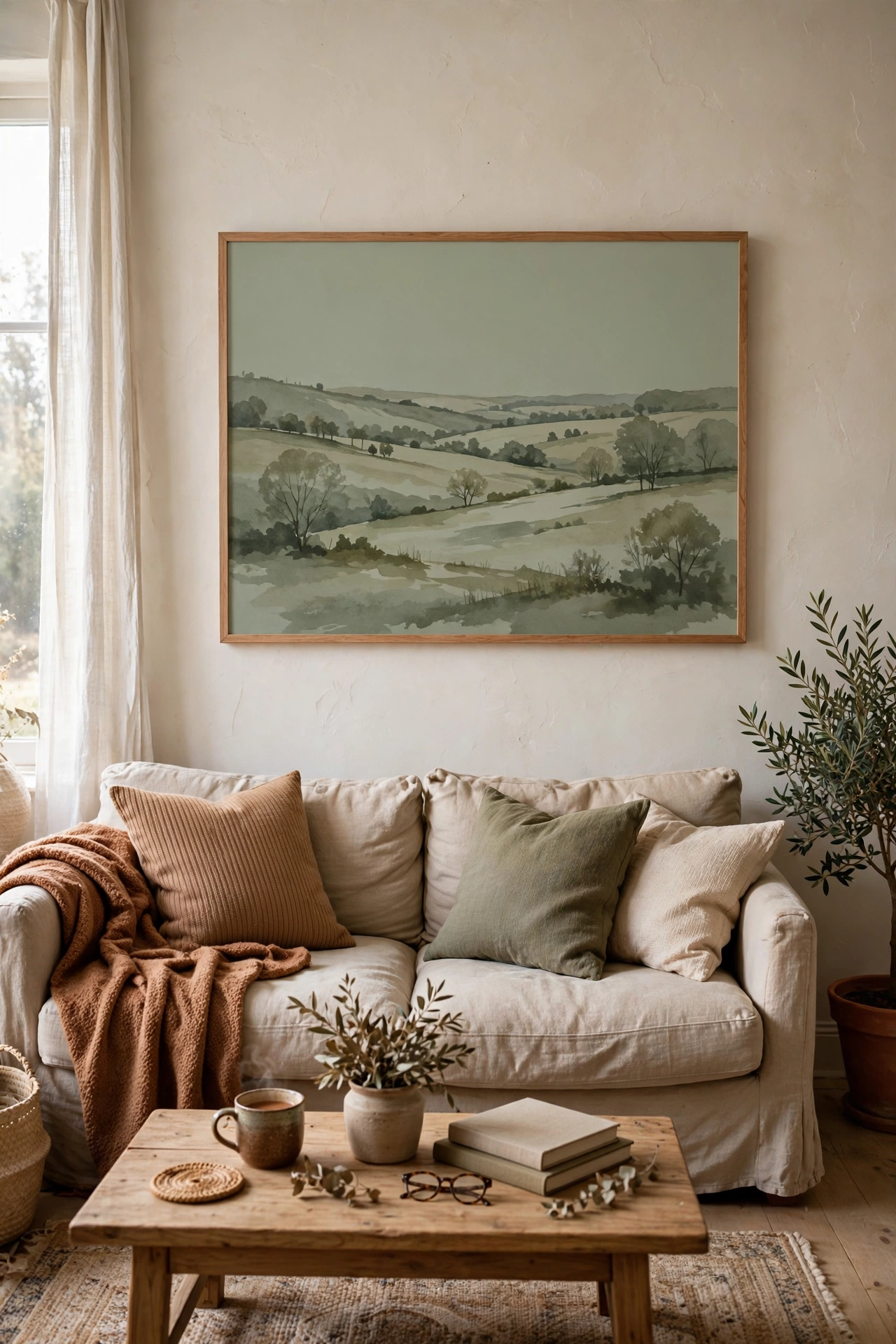 Large muted landscape print above a sofa in an olive room