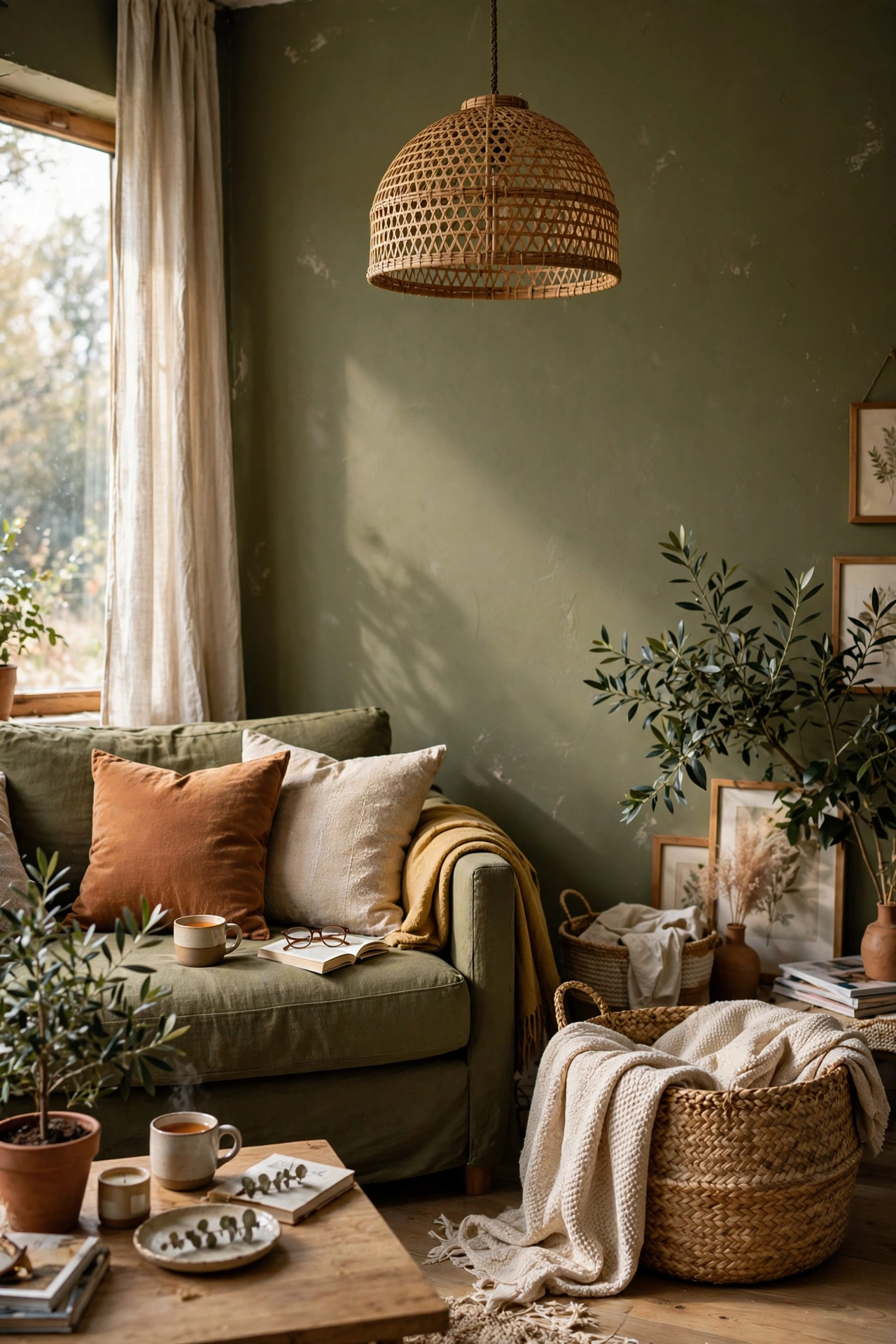 Rattan pendant shade and wicker basket in an olive living room