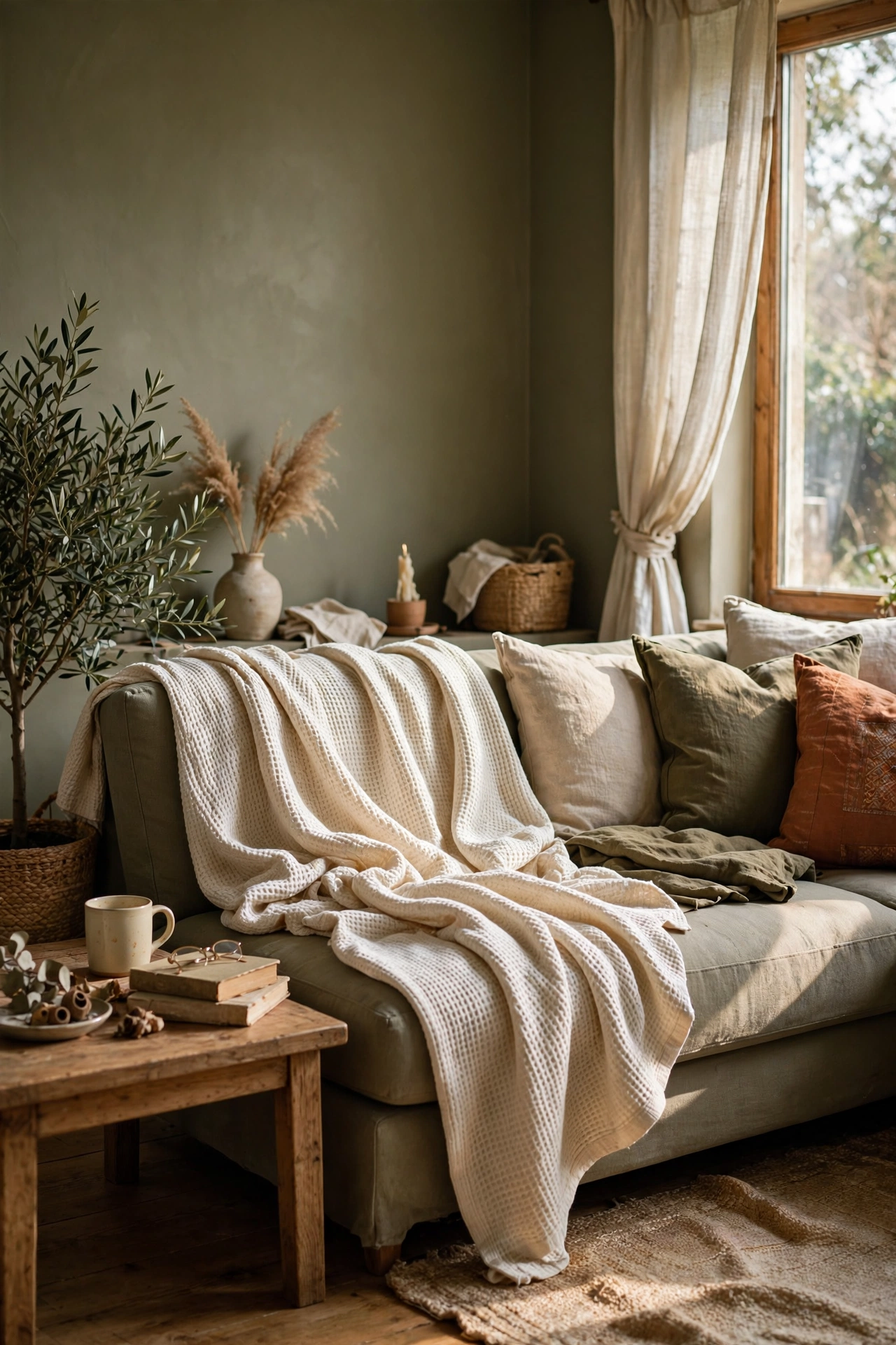 Cream waffle throw on a sofa in an olive room