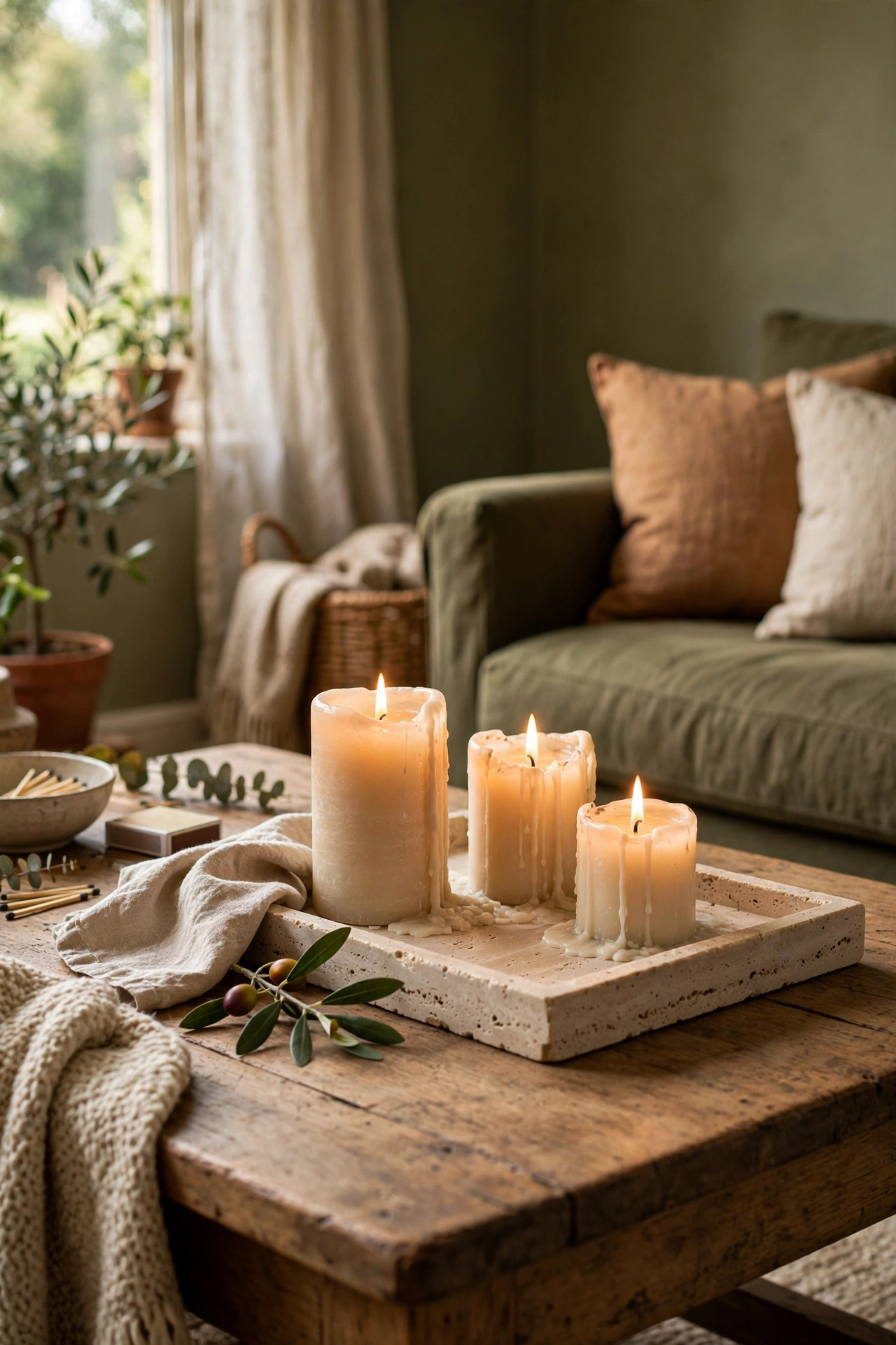 Travertine tray with candles on a coffee table