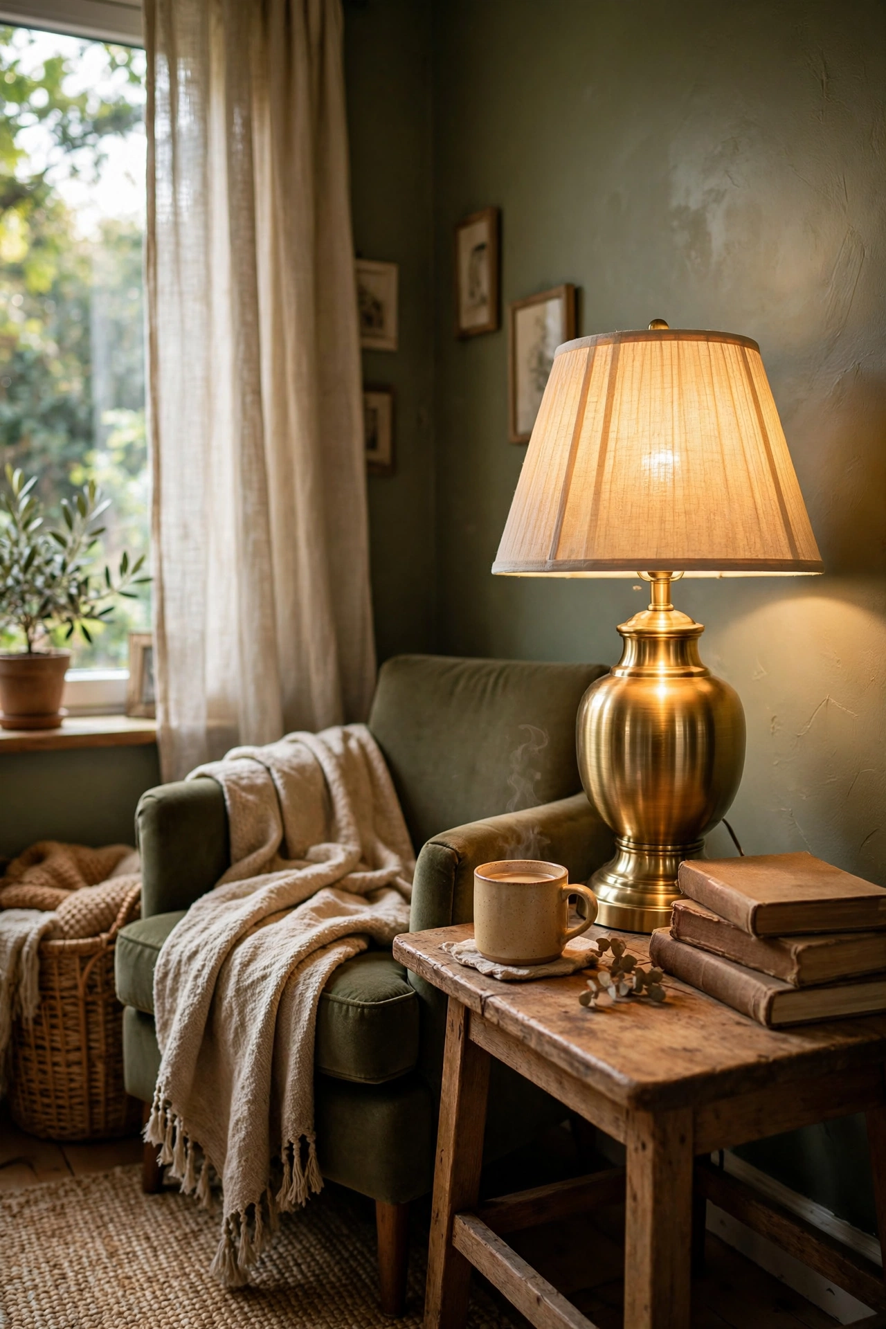 Brushed brass lamp base warming an olive corner