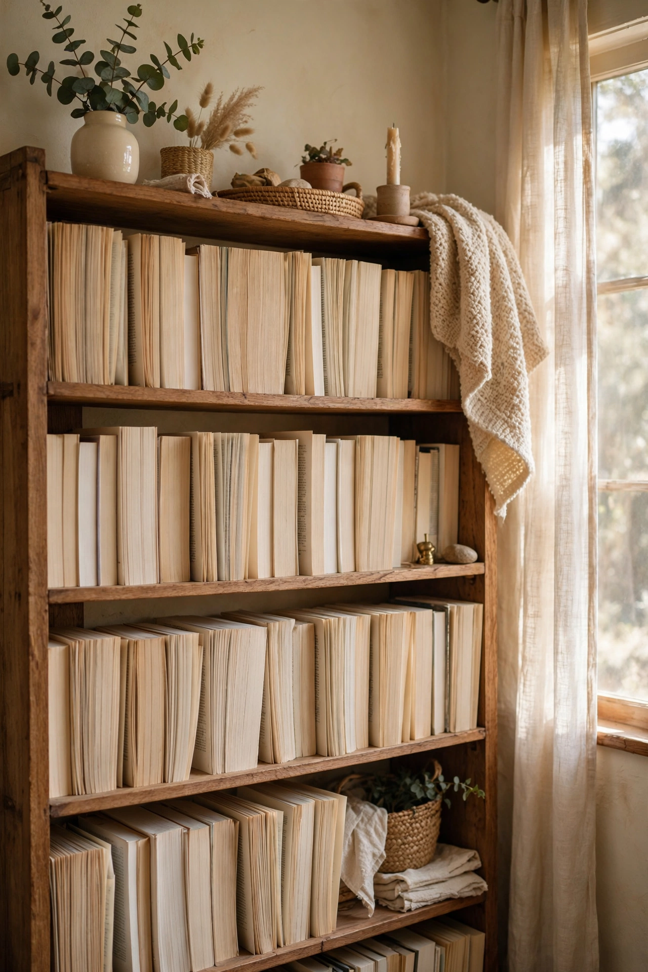 Bookshelf styled with books turned spine-in for calm