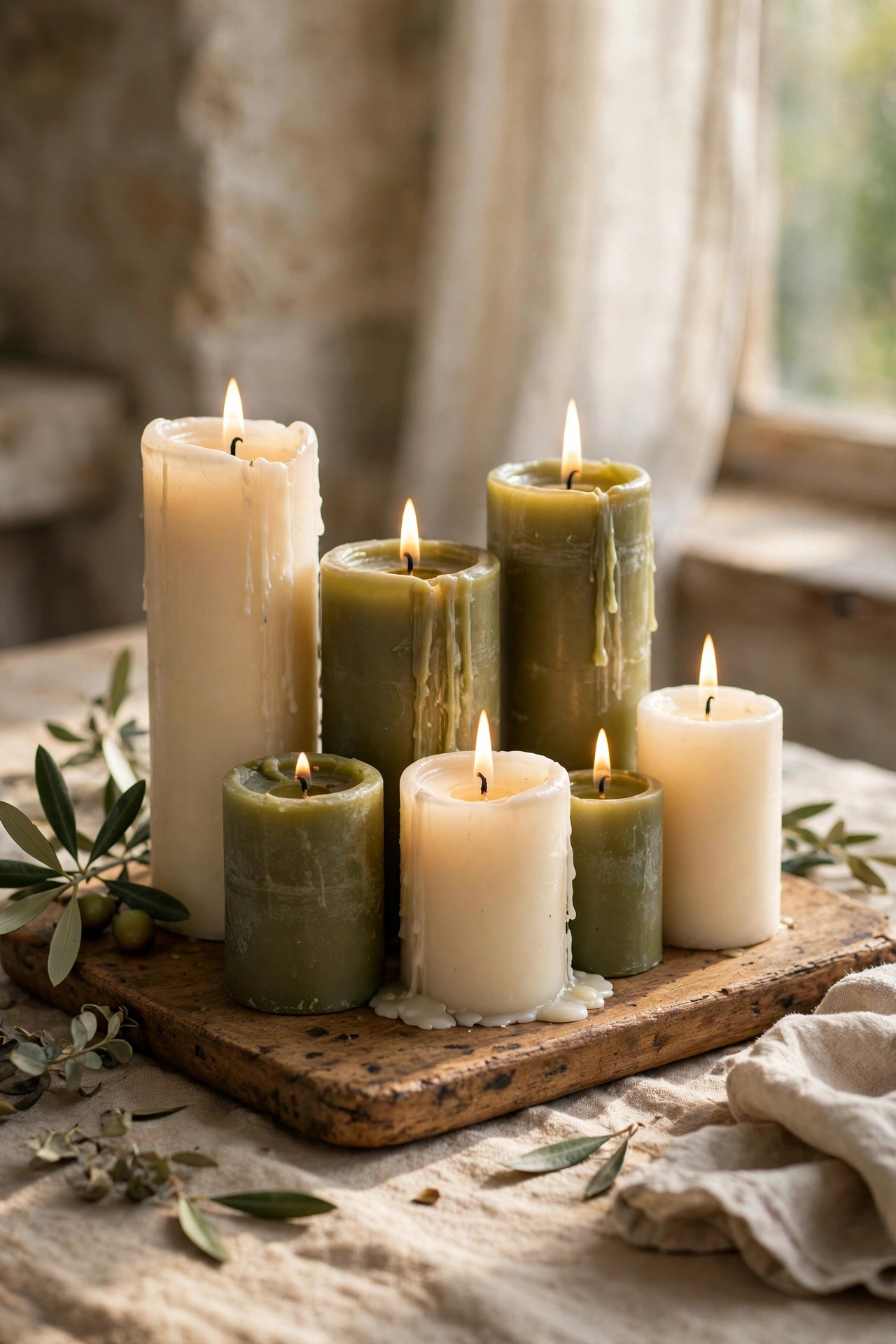 Cluster of olive and cream candles on a wooden tray
