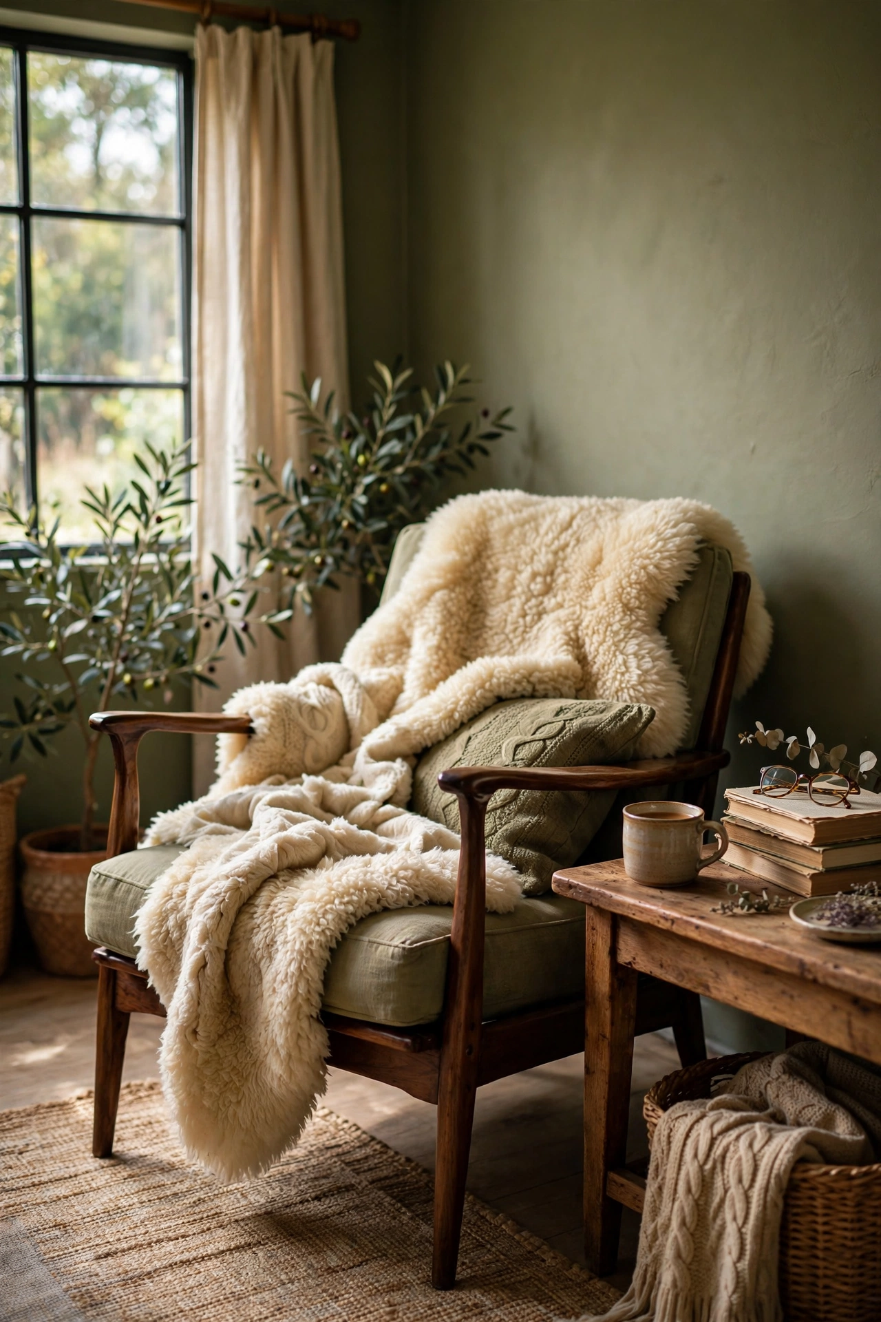 Sheepskin draped over a reading chair in an olive room