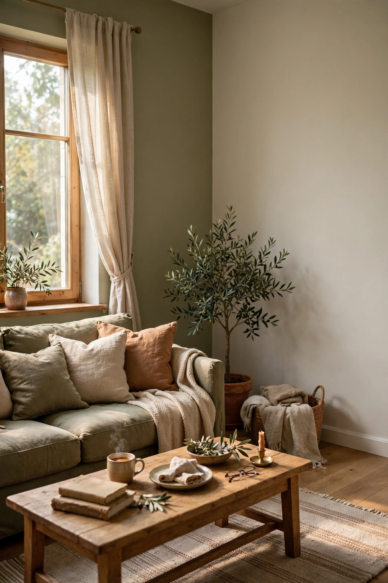 One completely bare wall in a calm olive living room
