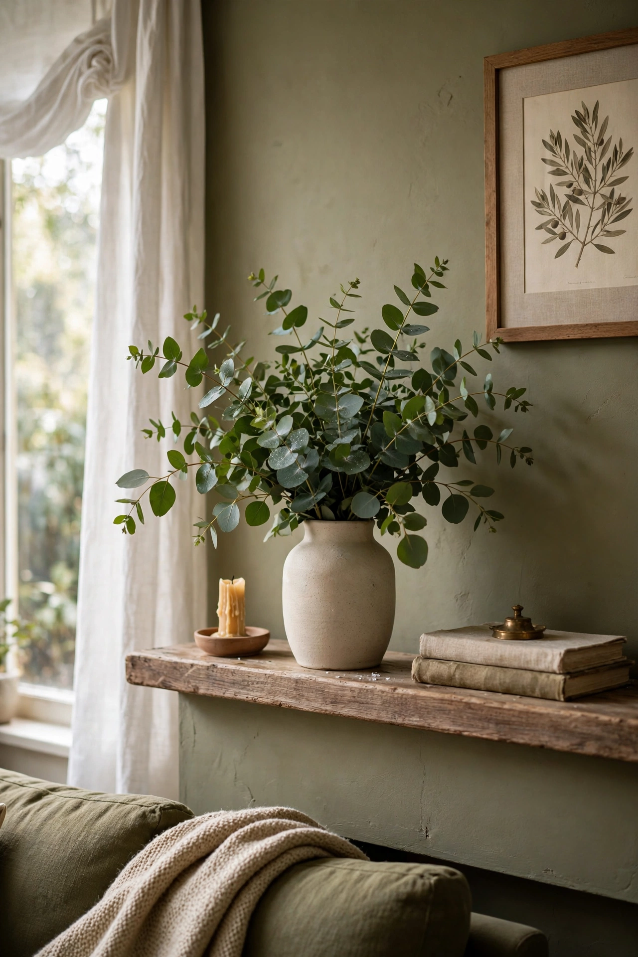 Fresh eucalyptus bunch in a simple vase on a mantel