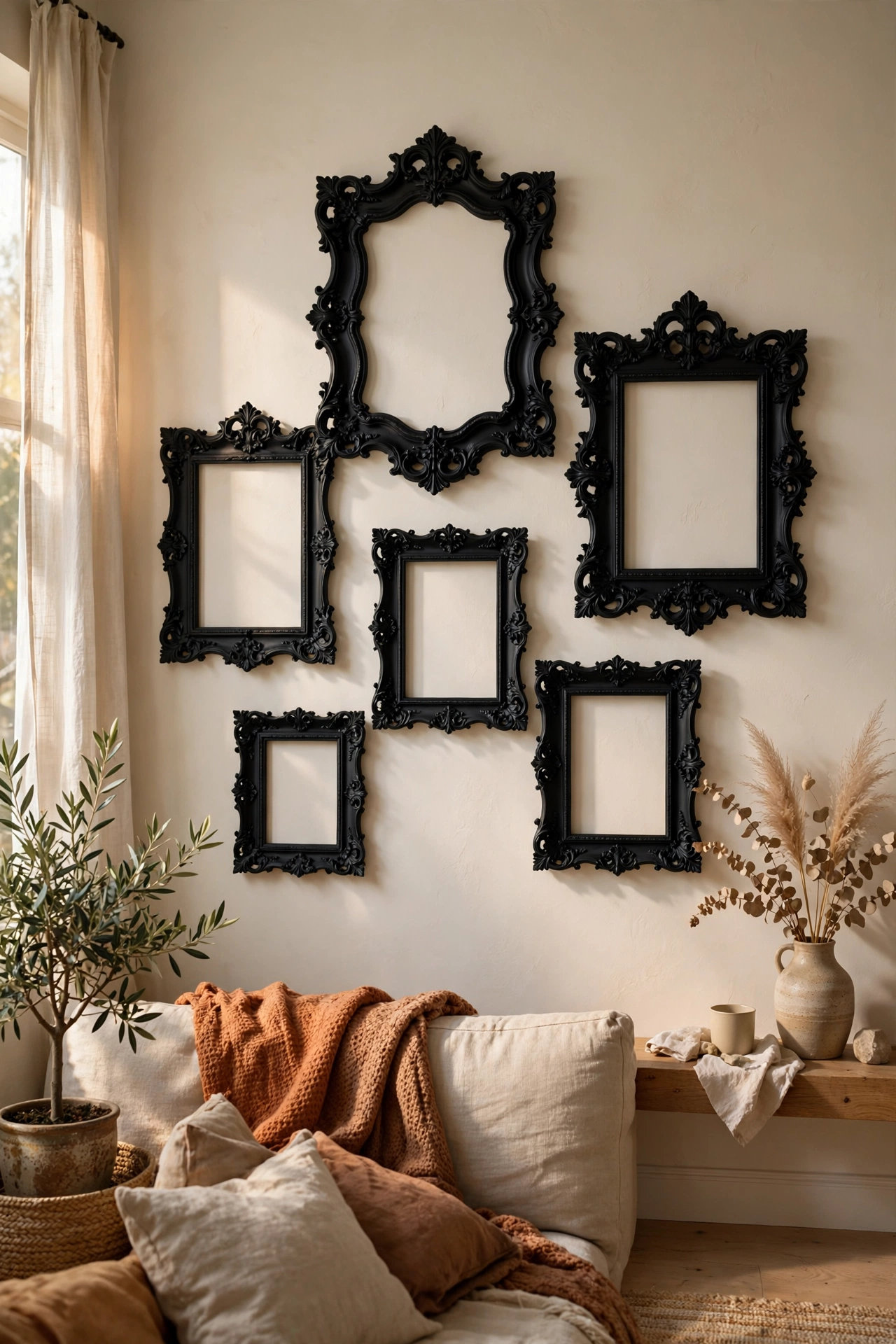Ornate empty picture frames painted black hung as sculptural wall art