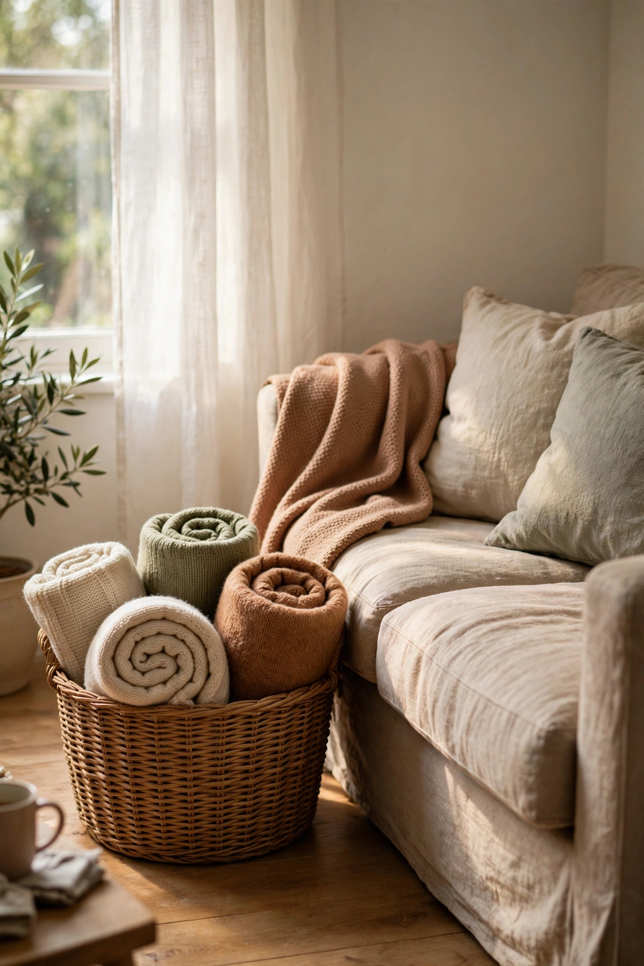 Woven basket of rolled throw blankets beside a beige sofa in warm light