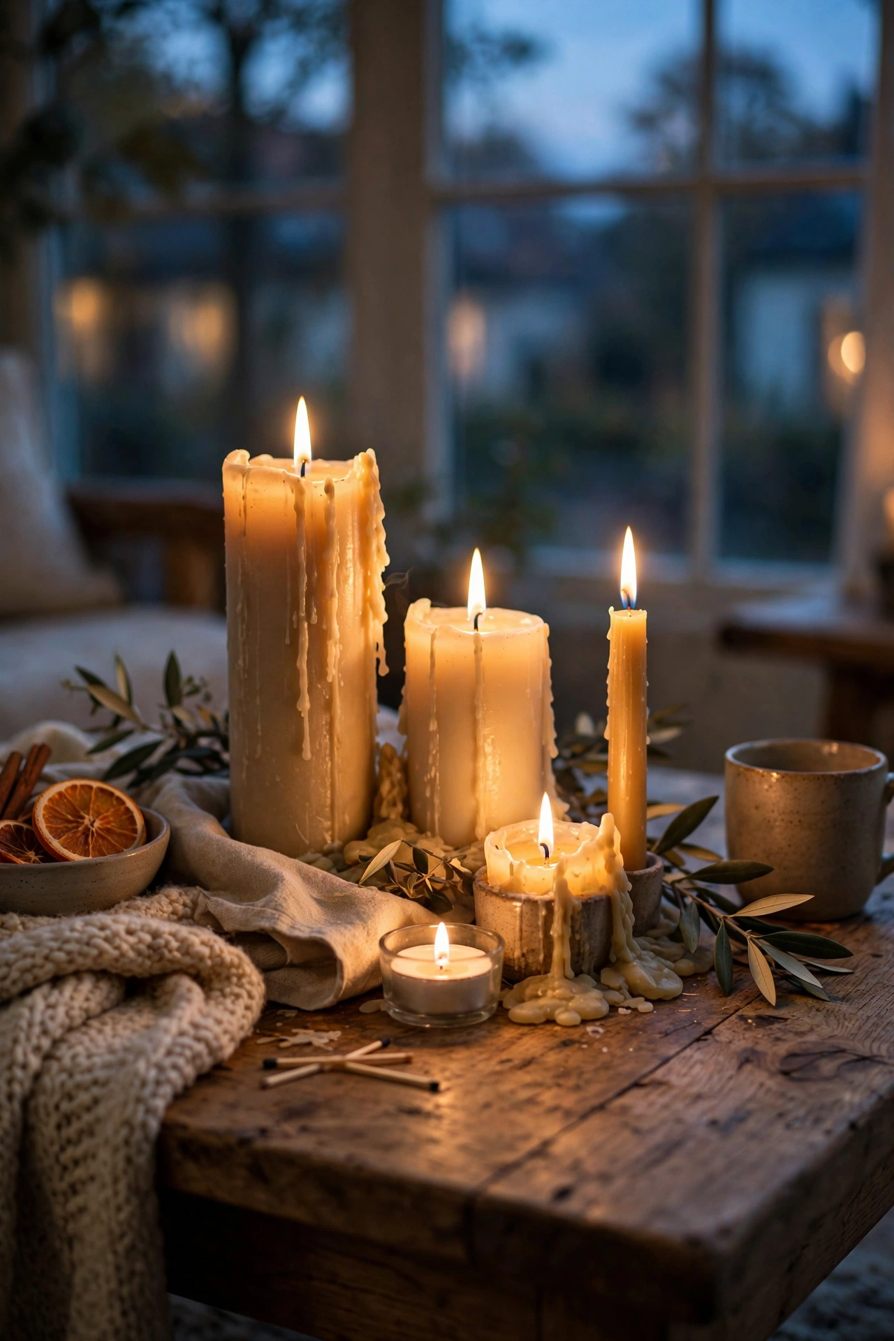 Cluster of lit candles in varied heights on a coffee table at dusk