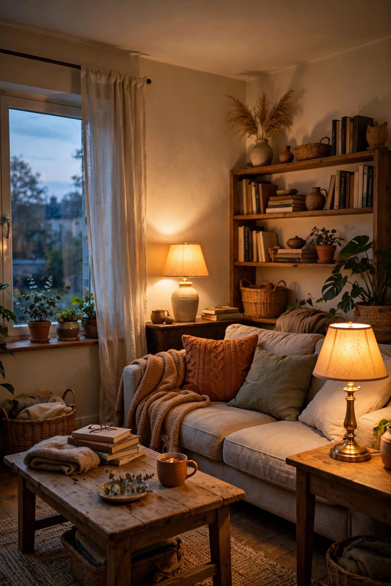 Living room lit only by warm table lamps with ceiling light off