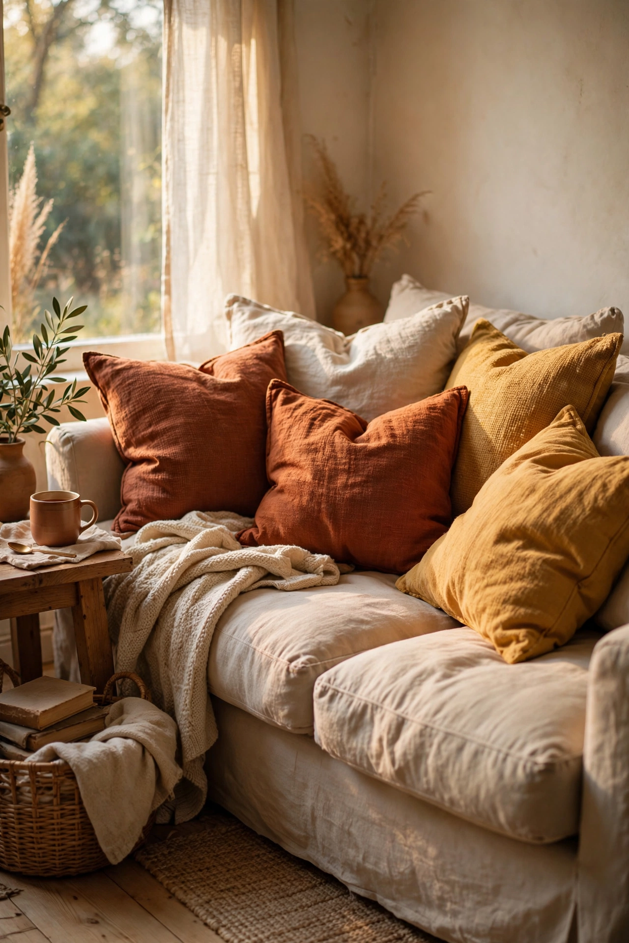 Fluffed sofa cushions with rust coloured pillow covers