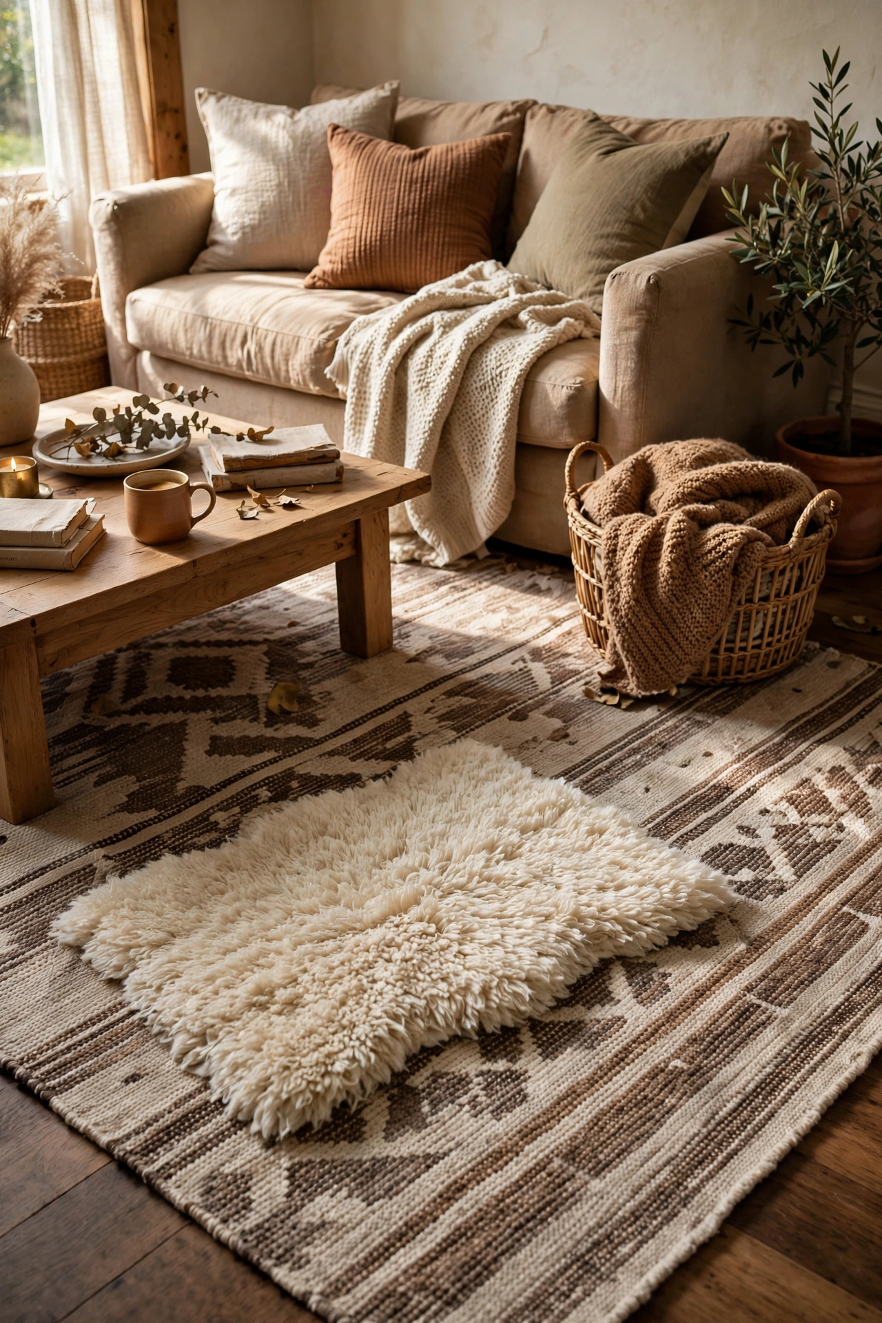 Small shaggy rug layered at an angle over a flat weave rug
