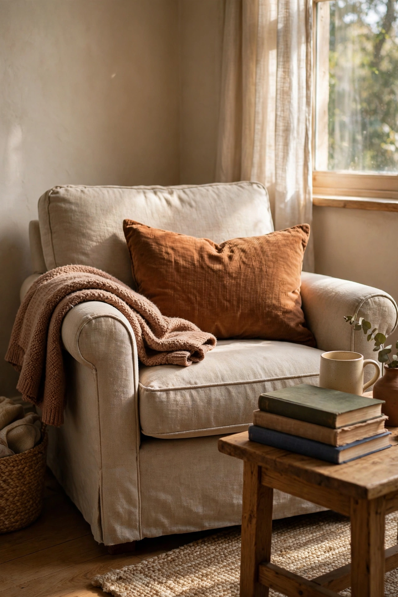 Armchair styled as a reading corner with throw, pillow and side table