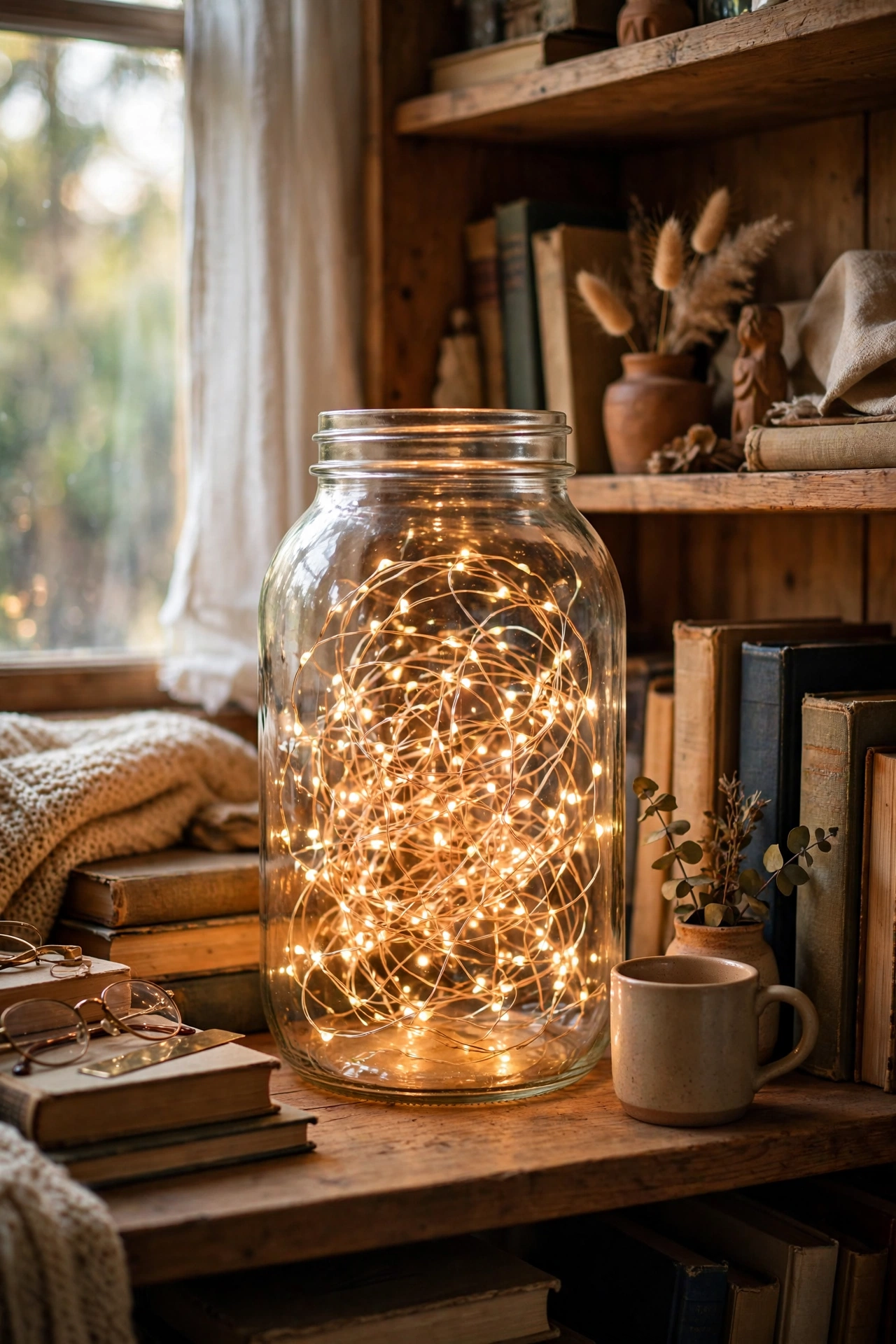 Warm fairy lights coiled inside a large glass mason jar on a bookshelf