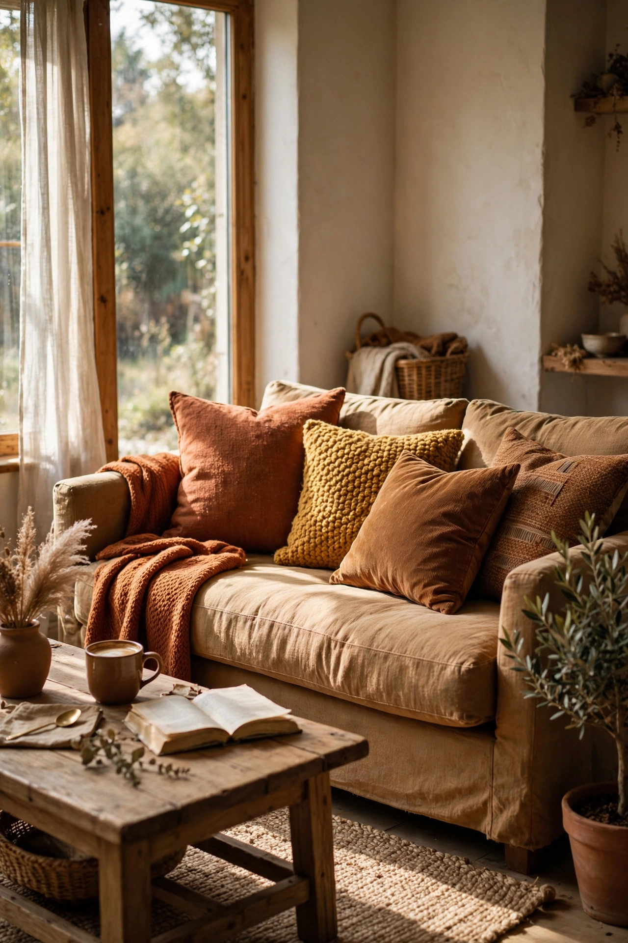 Sofa styled with rust, mustard and brown warm toned throw pillows