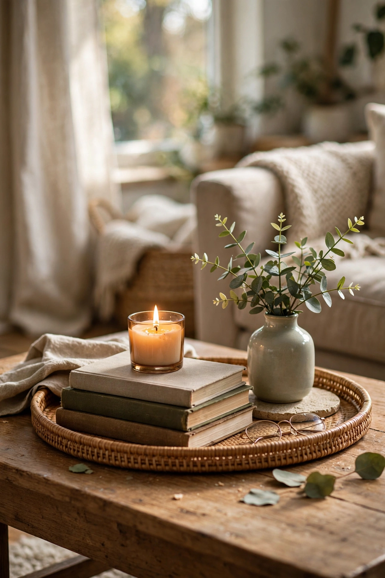Coffee table styled with tray, candle, books and eucalyptus vase