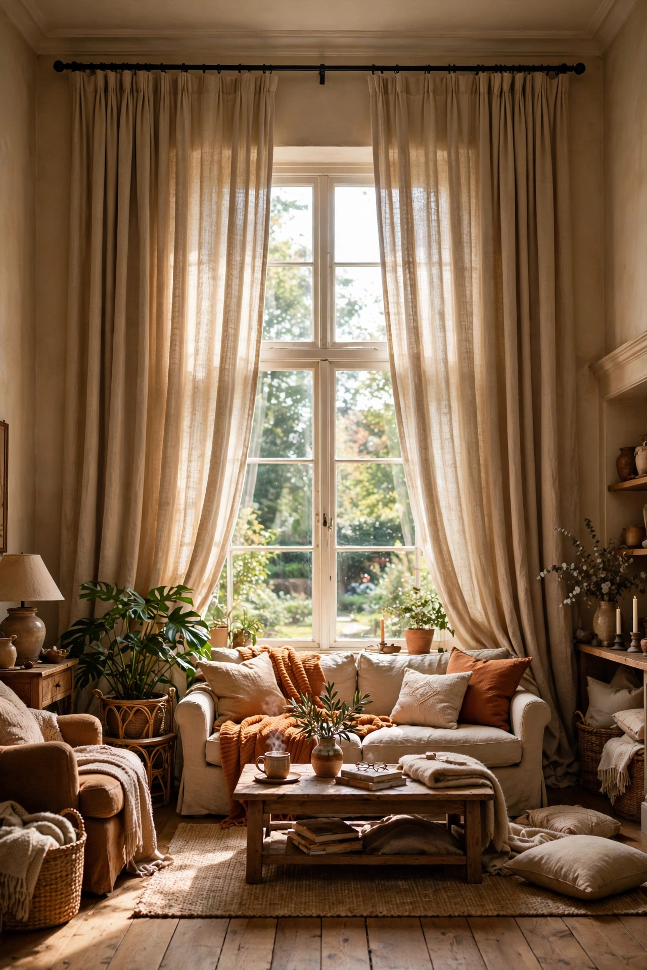Curtains hung high and wide making living room windows look grand