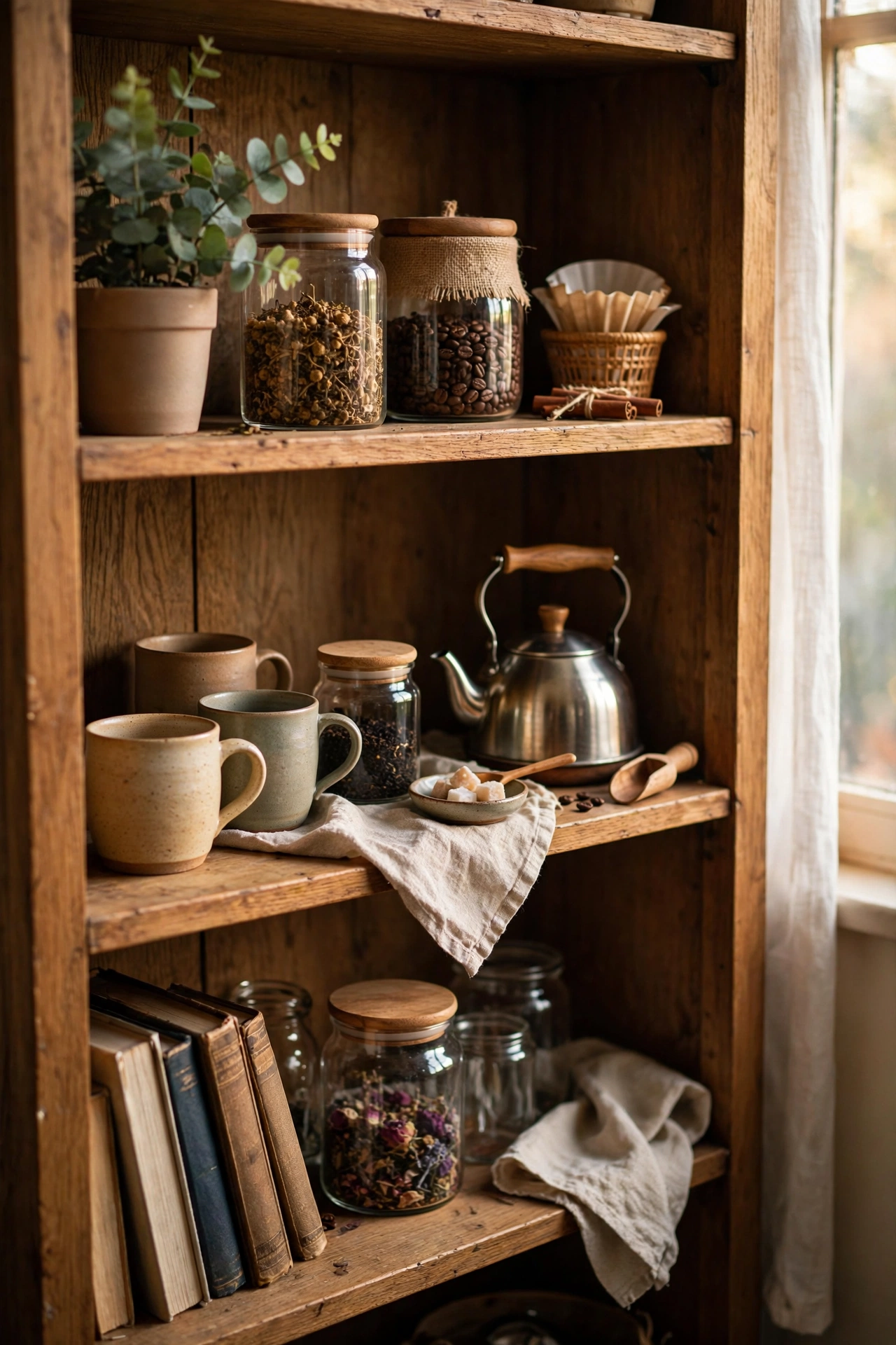 Tea and coffee station arranged on a bookcase shelf with mugs and jars